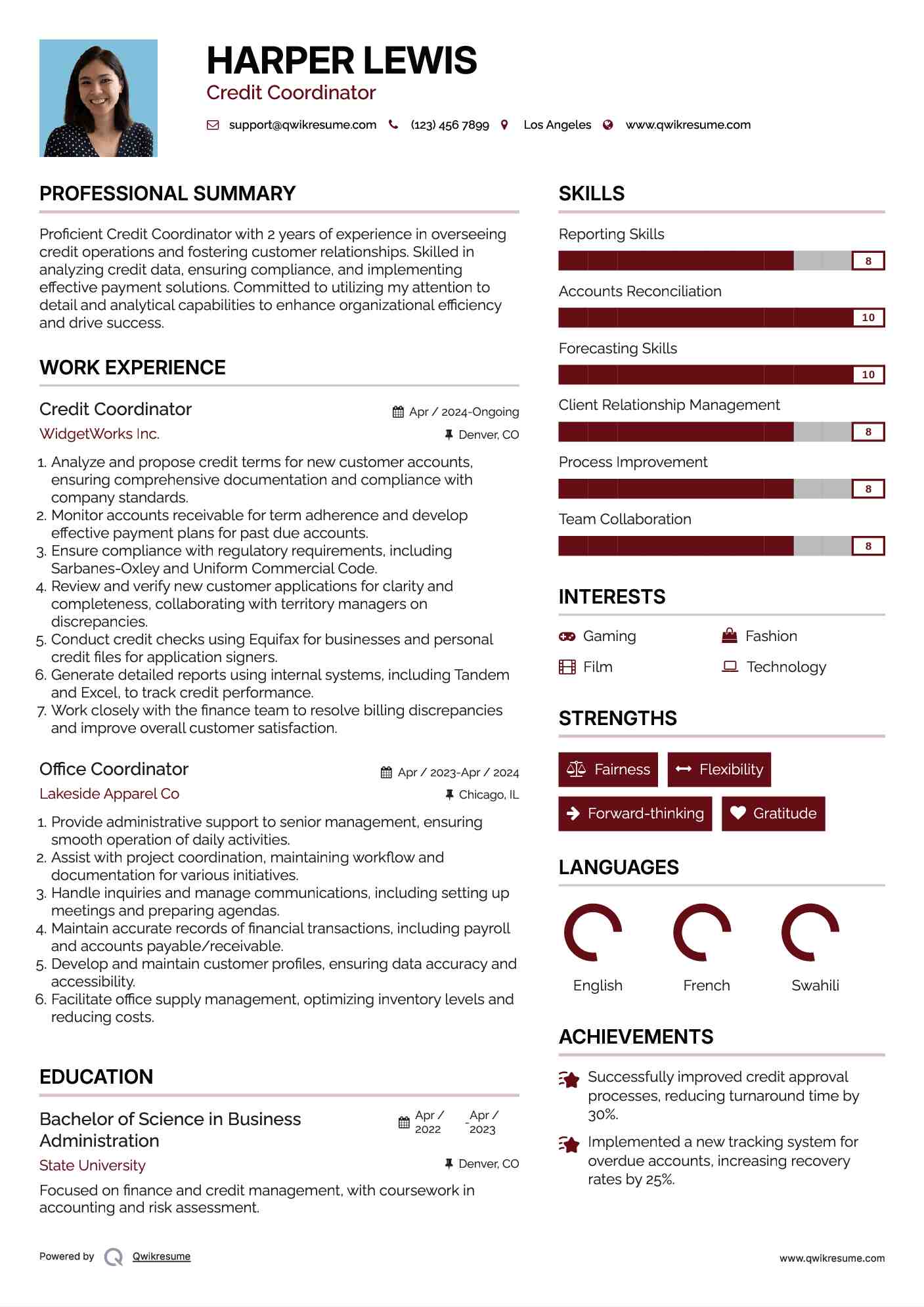 Credit Coordinator Resume Sample