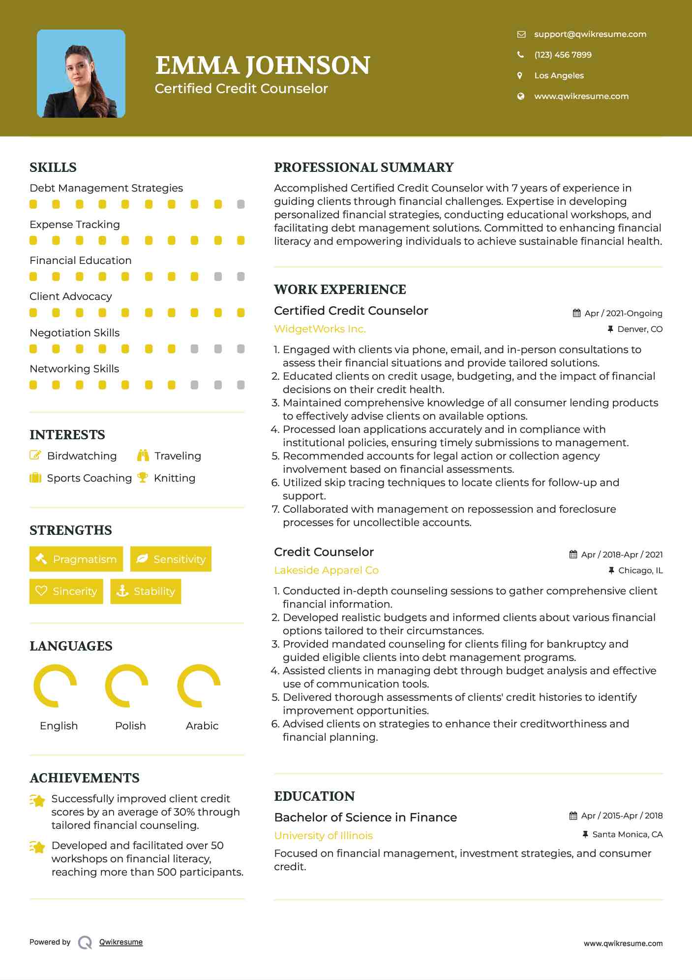 Certified Credit Counselor Resume Sample