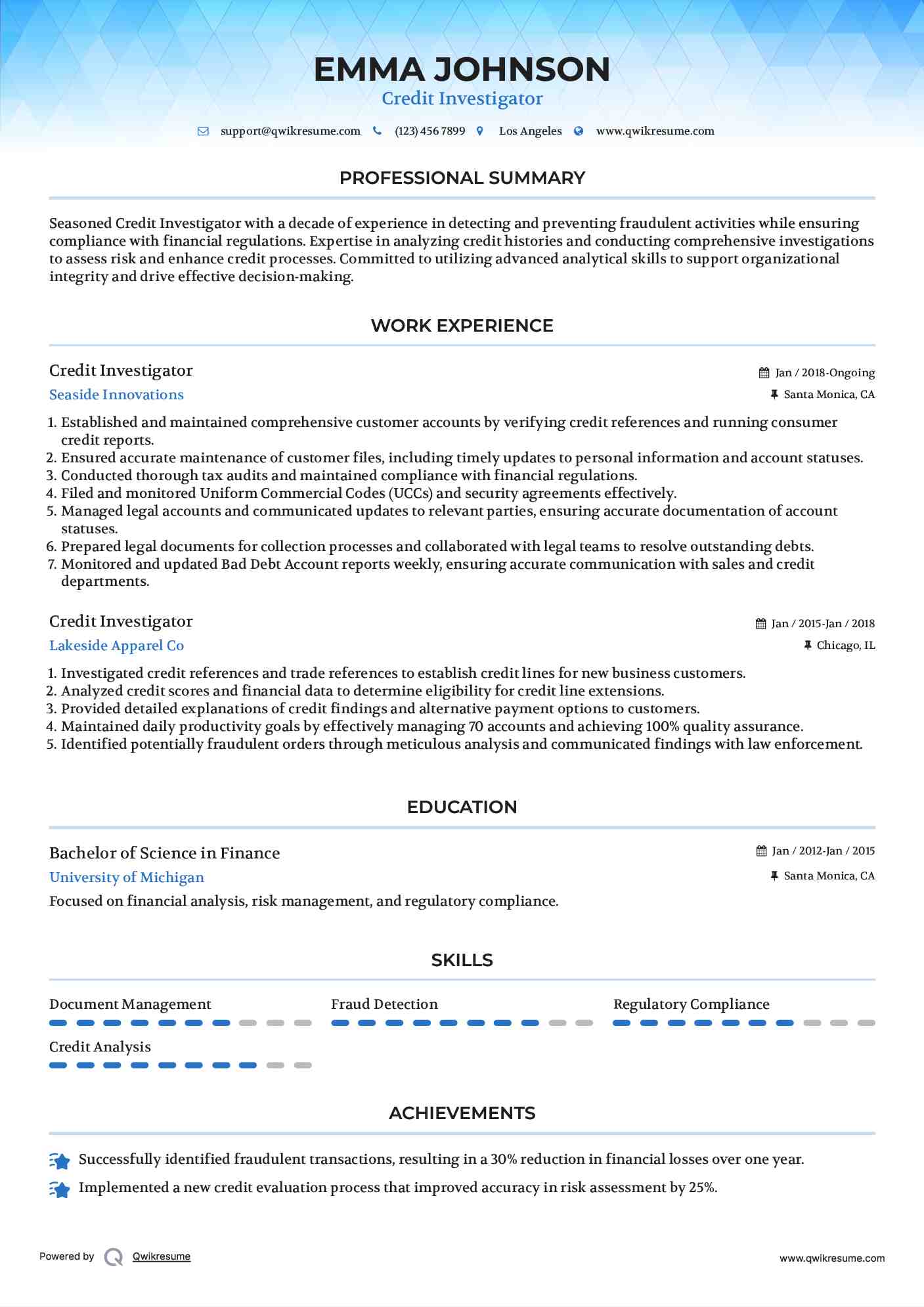Credit Investigator Resume Sample