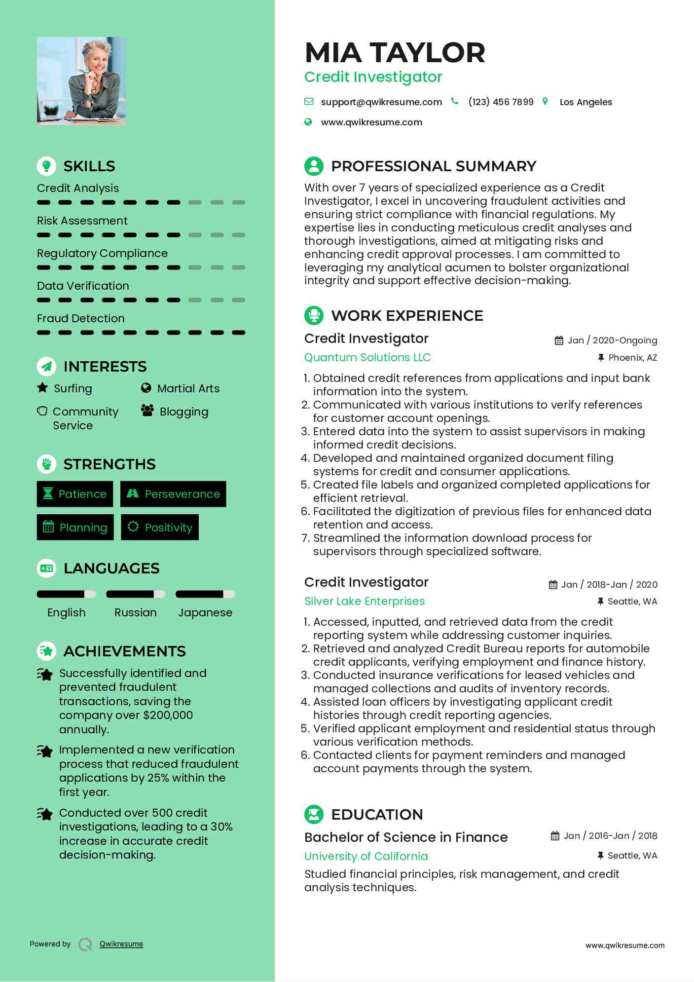 Credit Investigator Resume Example