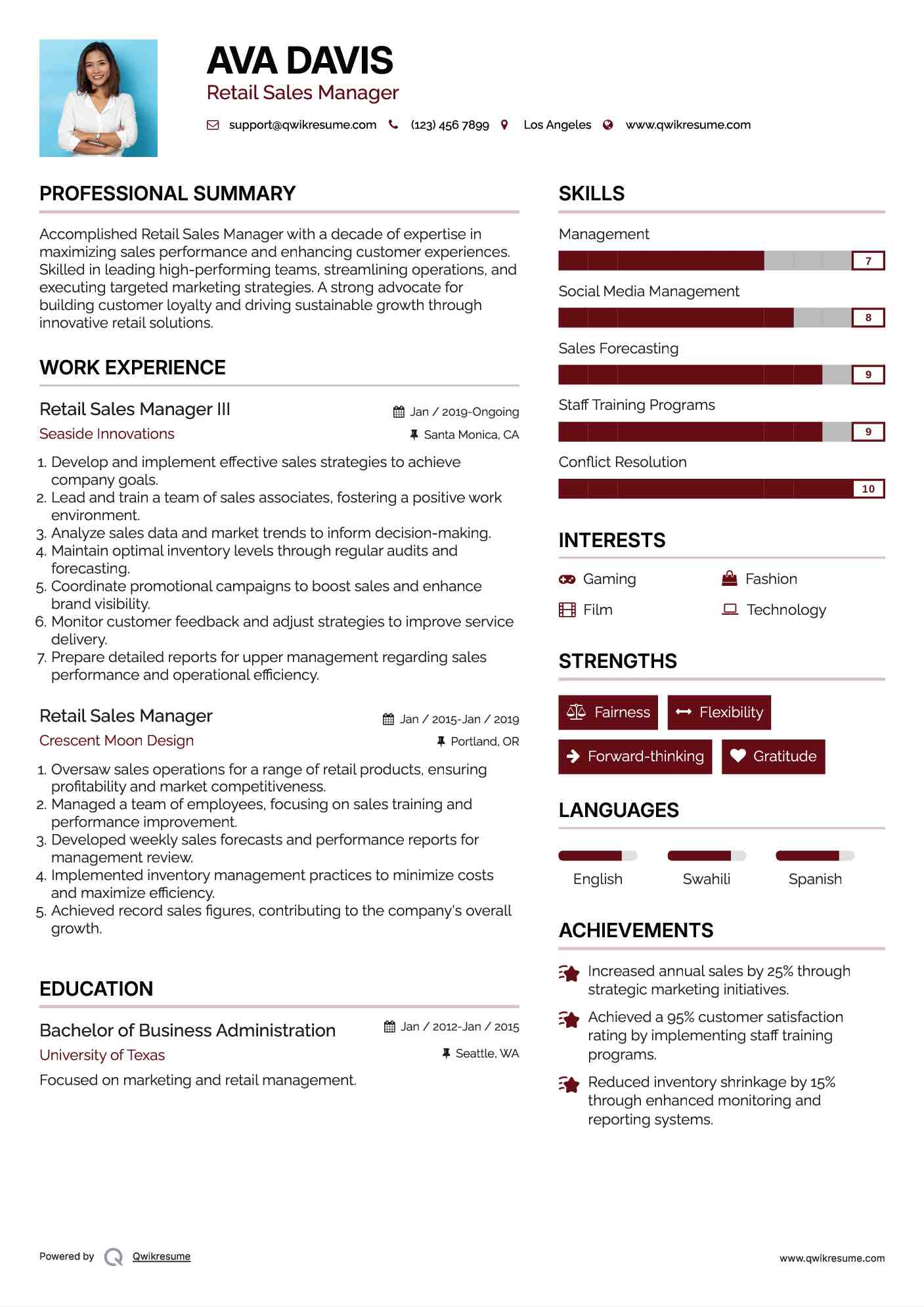Retail Sales Manager III Resume Sample