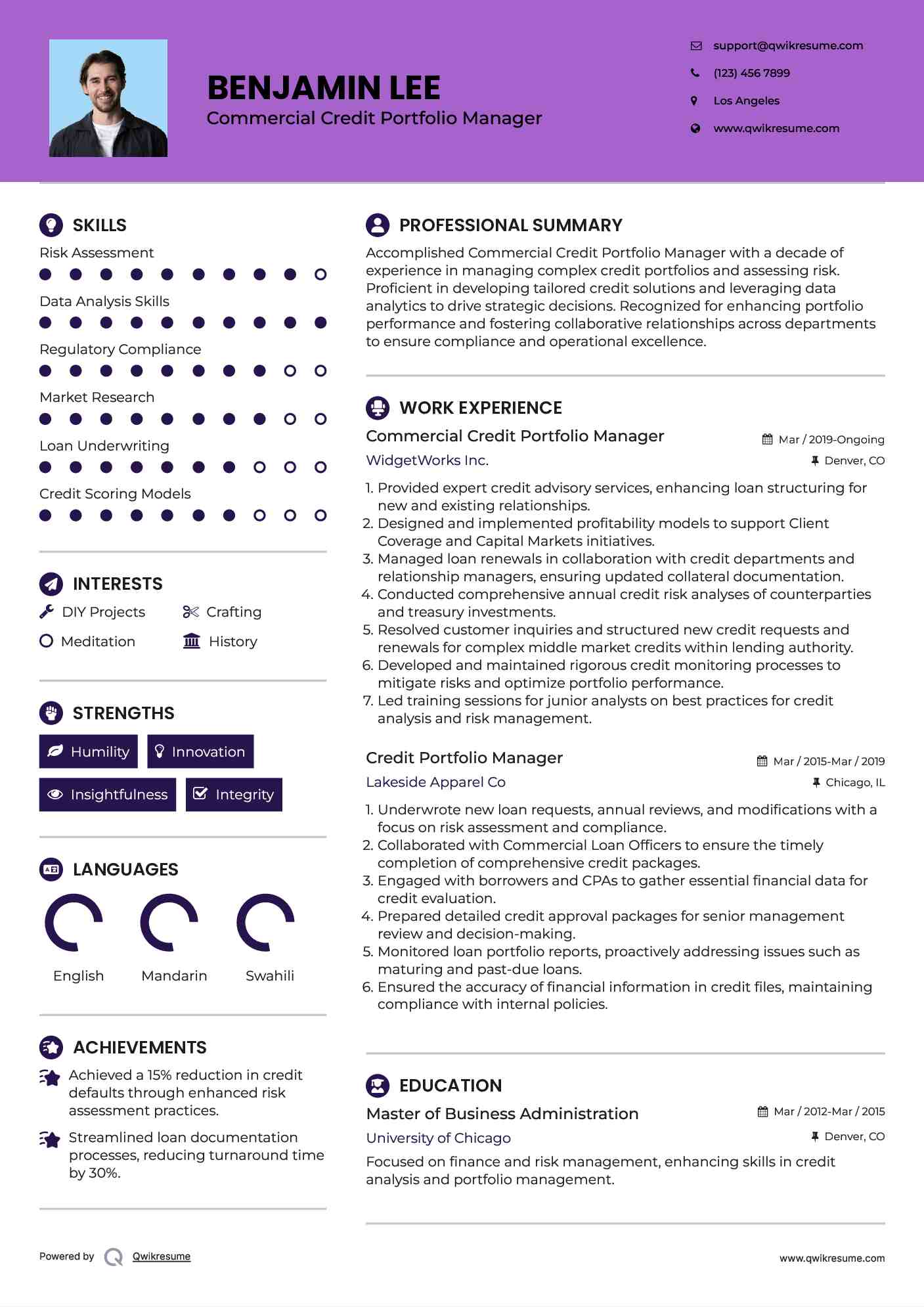 Commercial Credit Portfolio Manager Resume Format