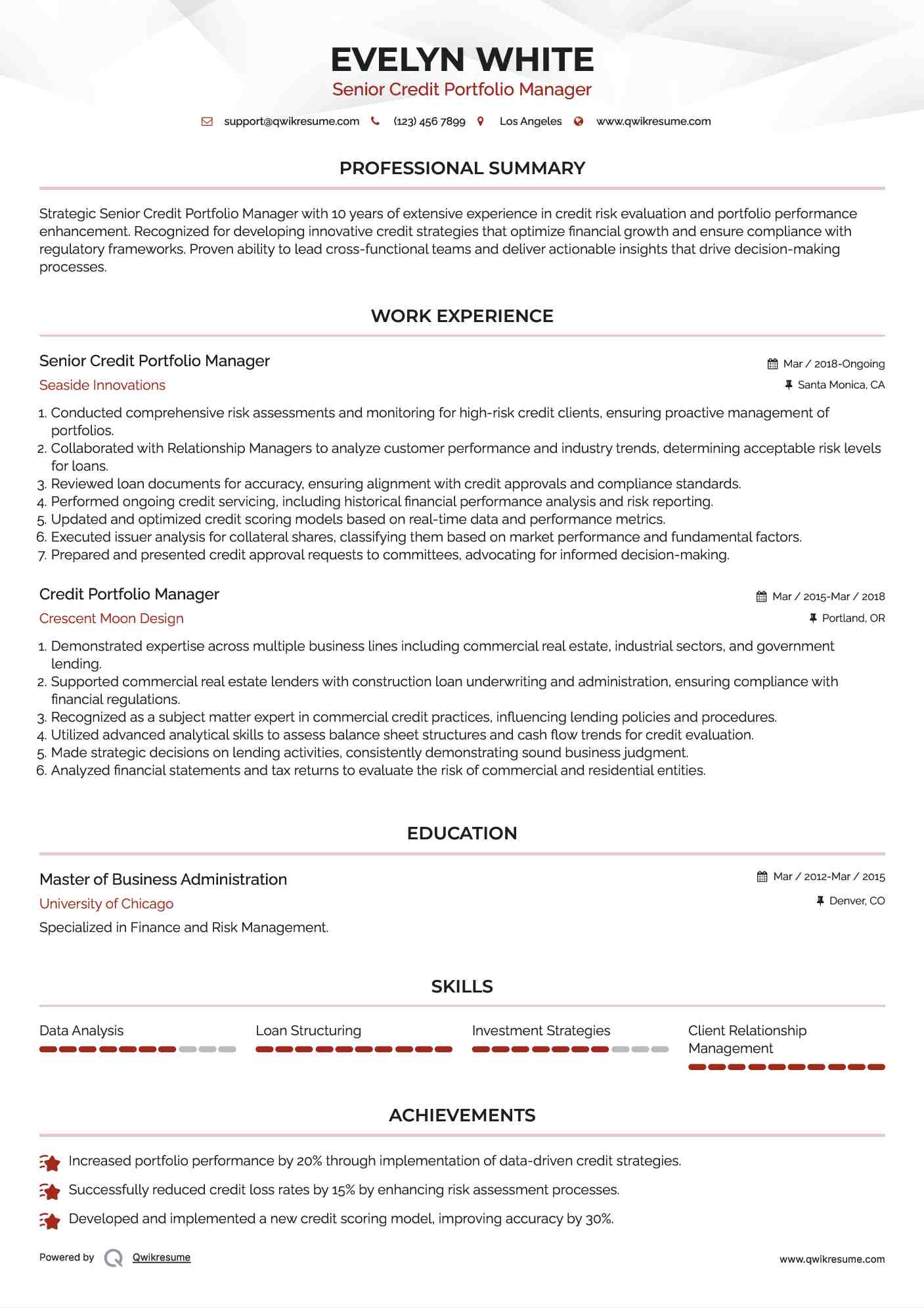 Senior Credit Portfolio Manager Resume Sample