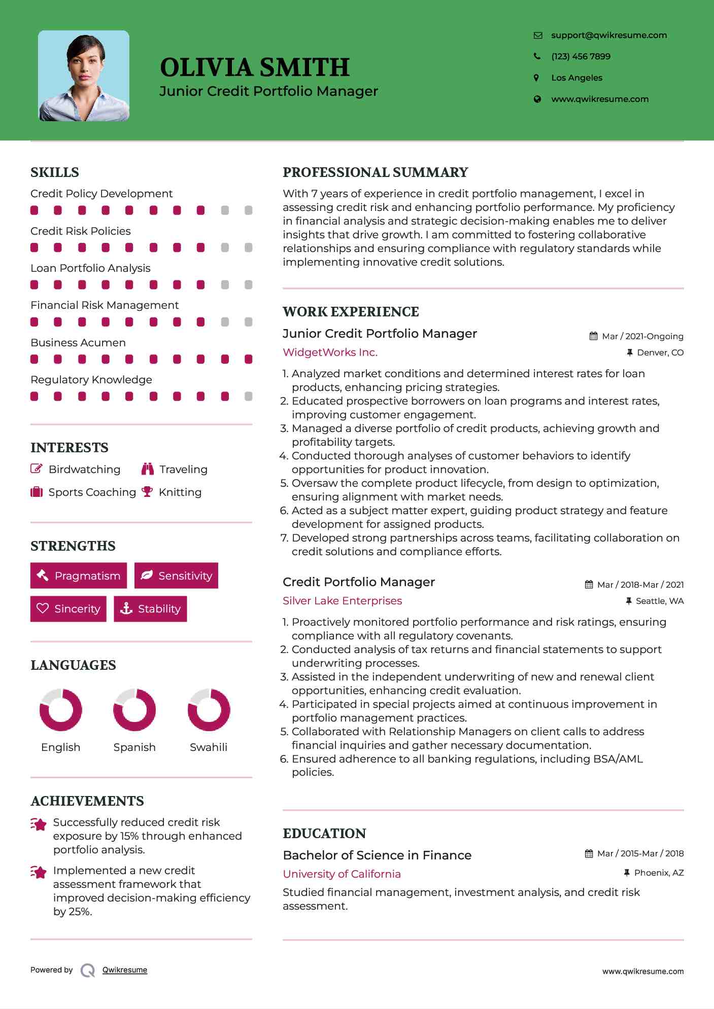 Junior Credit Portfolio Manager Resume Format