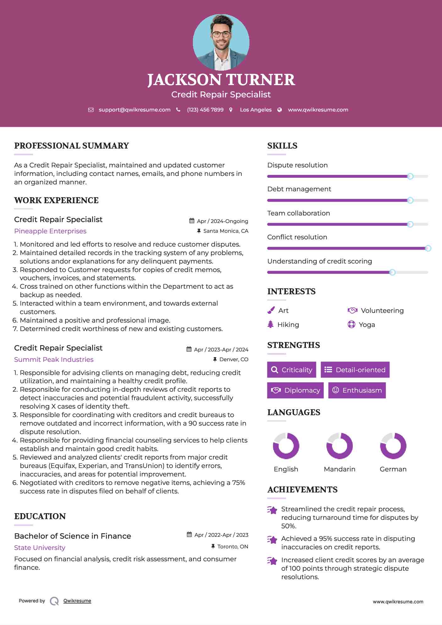 Credit Repair Specialist Resume Sample