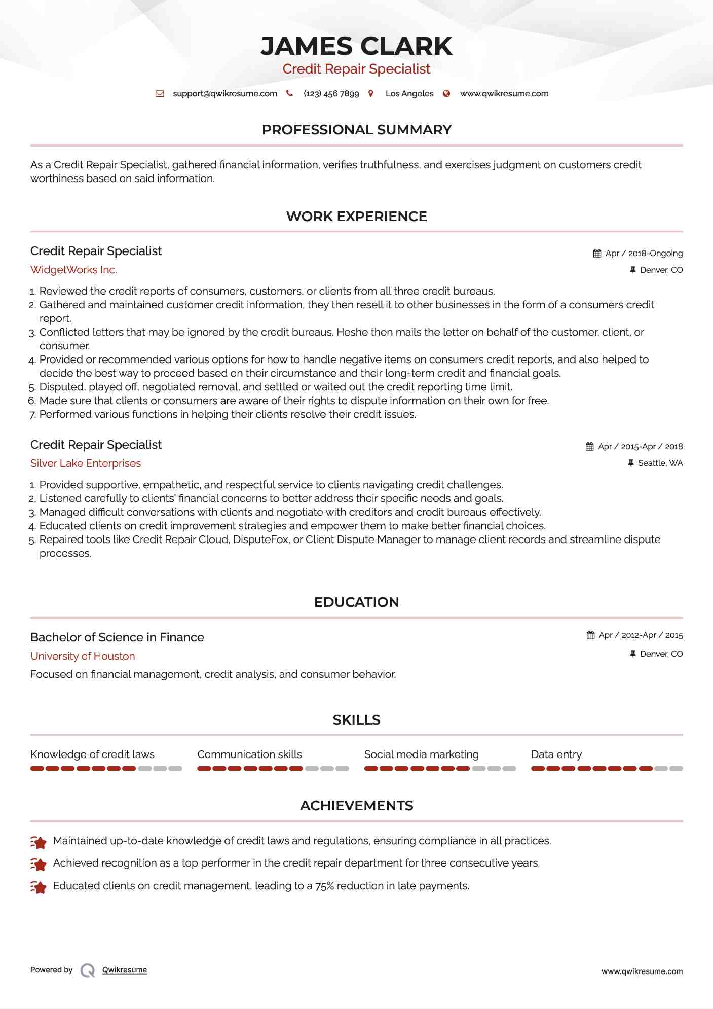 Credit Repair Specialist Resume Template