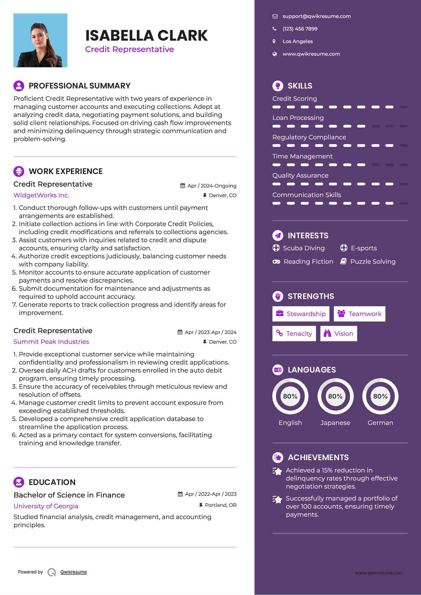 Credit Representative Resume Example