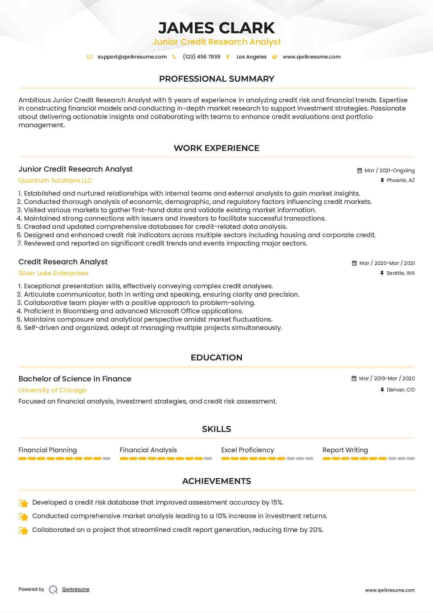 Junior Credit Research Analyst Resume Sample