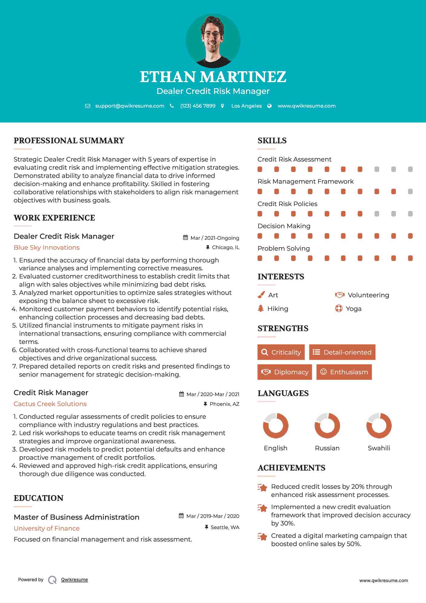 Dealer Credit Risk Manager Resume Template