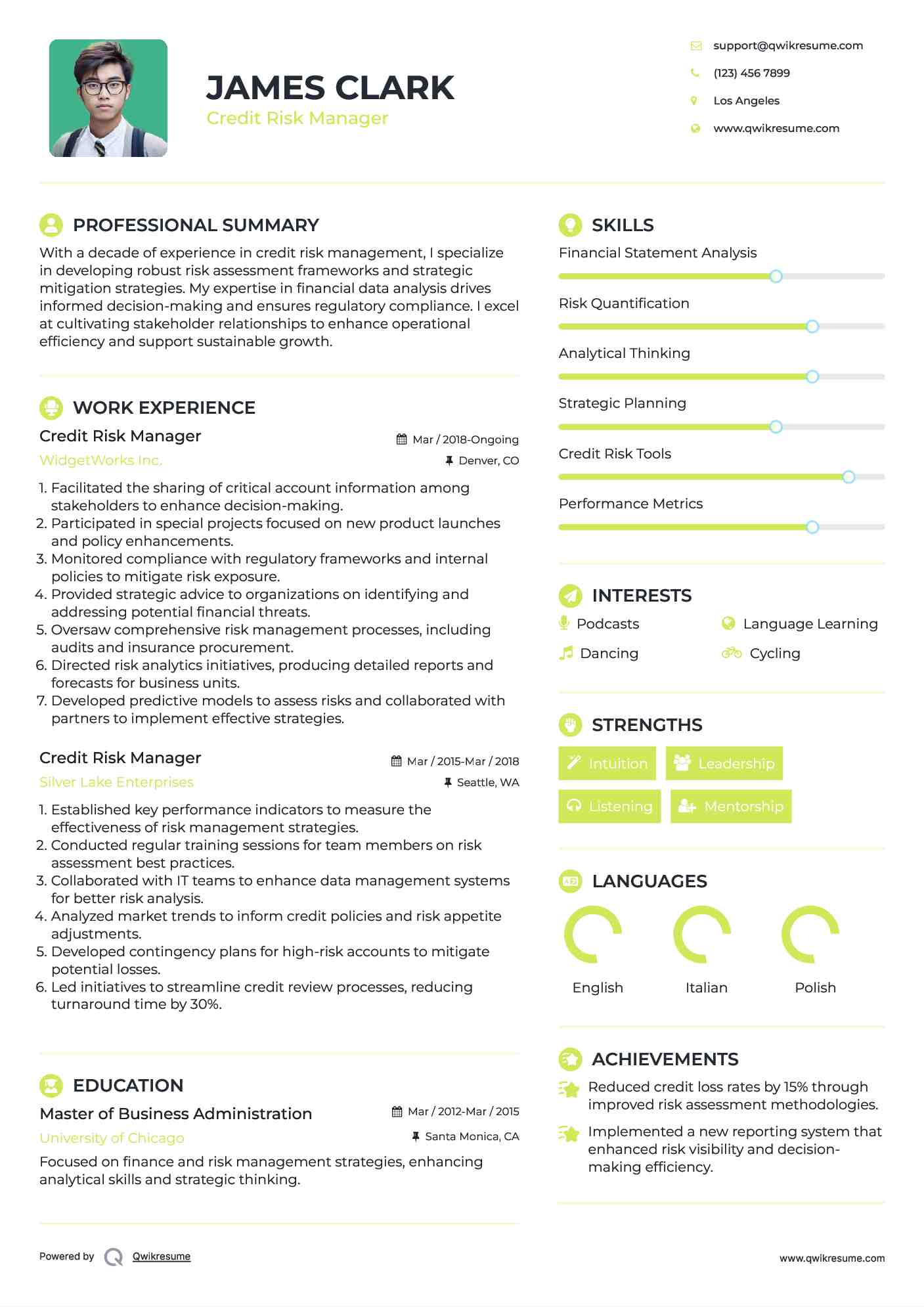 Credit Risk Manager Resume Template