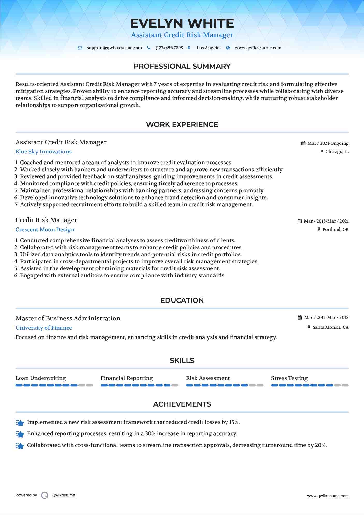 Assistant Credit Risk Manager Resume Sample