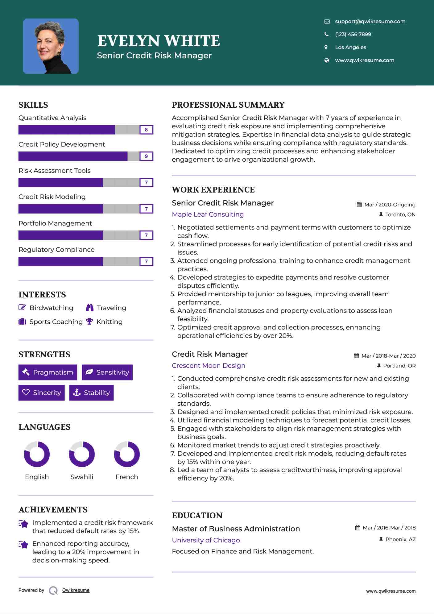 Senior Credit Risk Manager Resume Sample