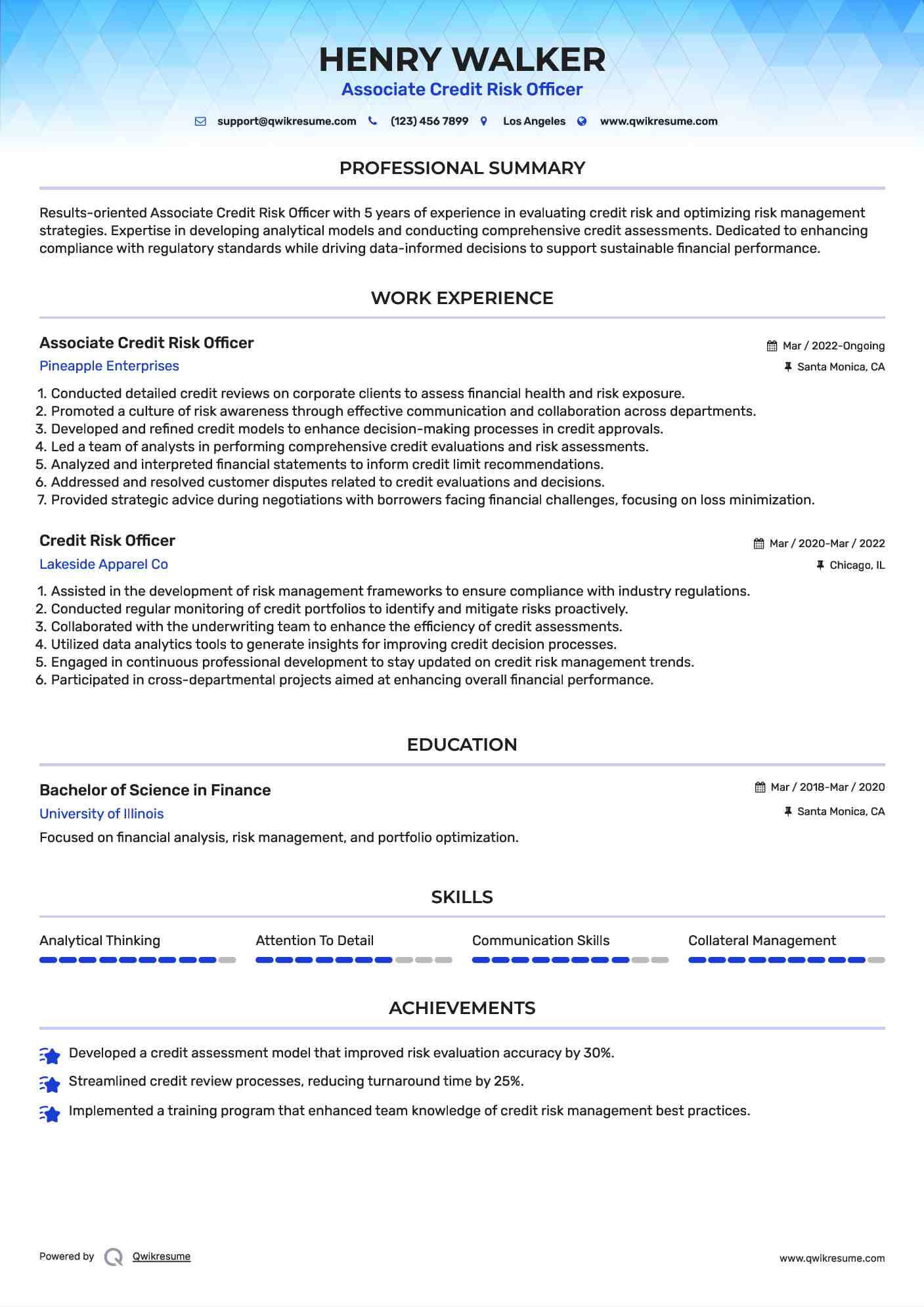 Associate Credit Risk Officer Resume Model