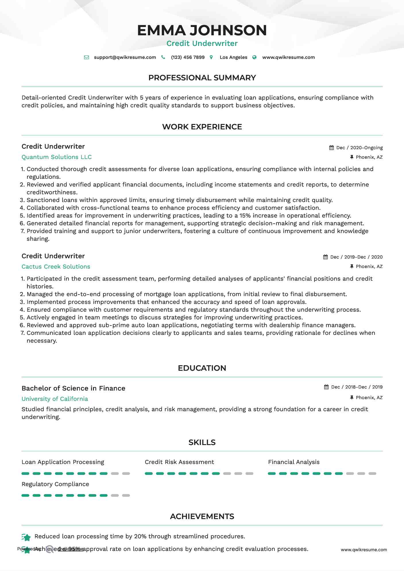Credit Underwriter Resume Model