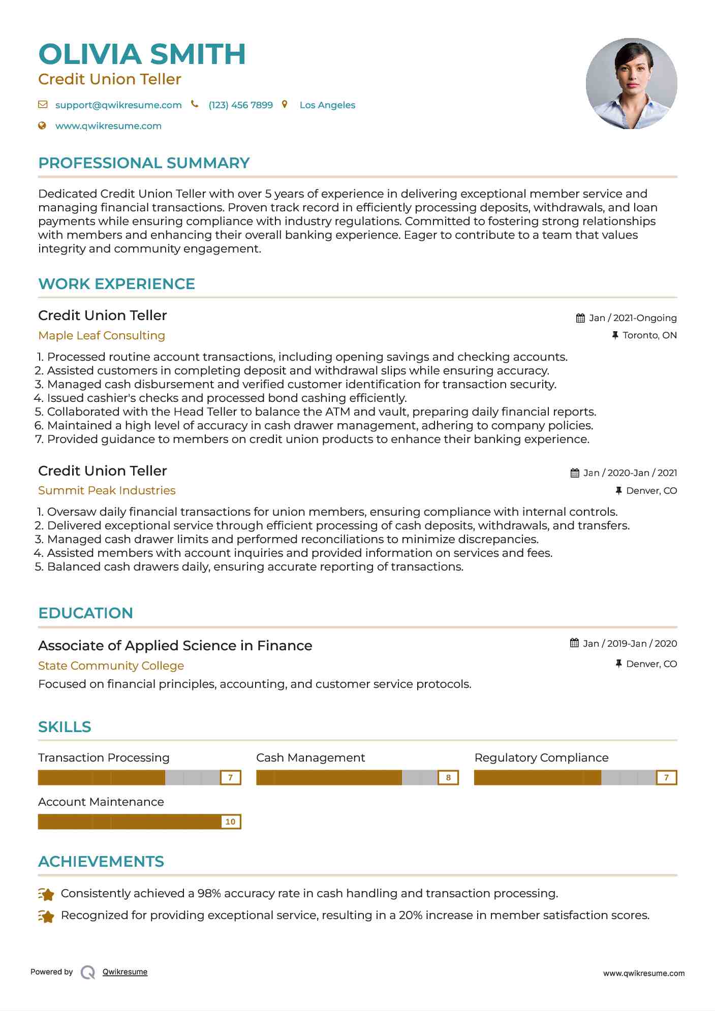 Credit Union Teller Resume Template