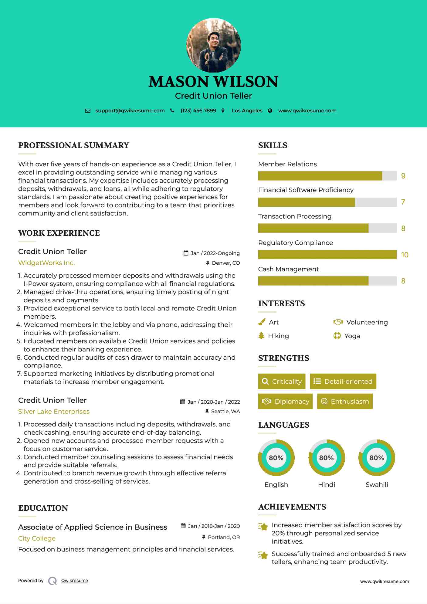Credit Union Teller Resume Samples QwikResume