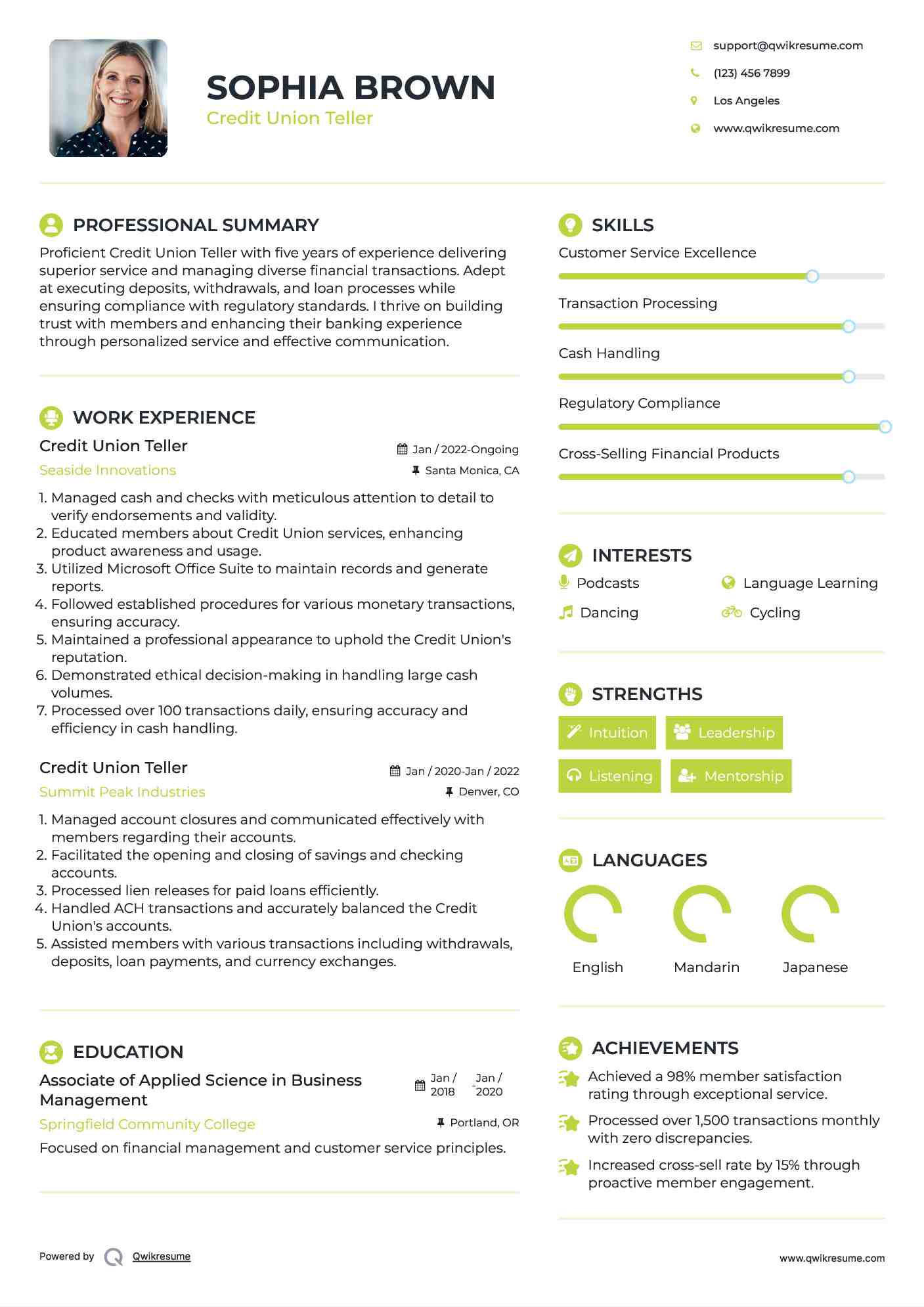 Credit Union Teller Resume Example