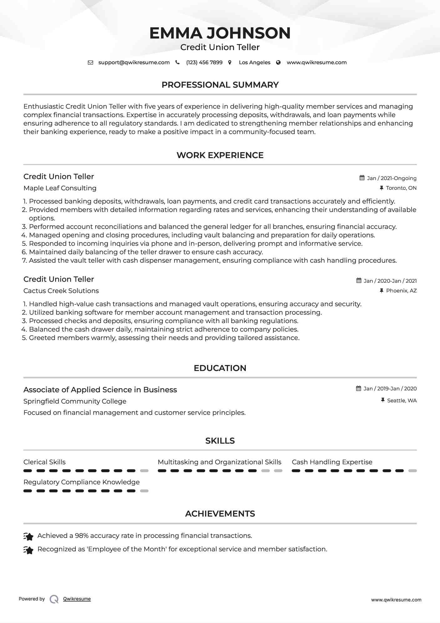 Credit Union Teller Resume Samples QwikResume