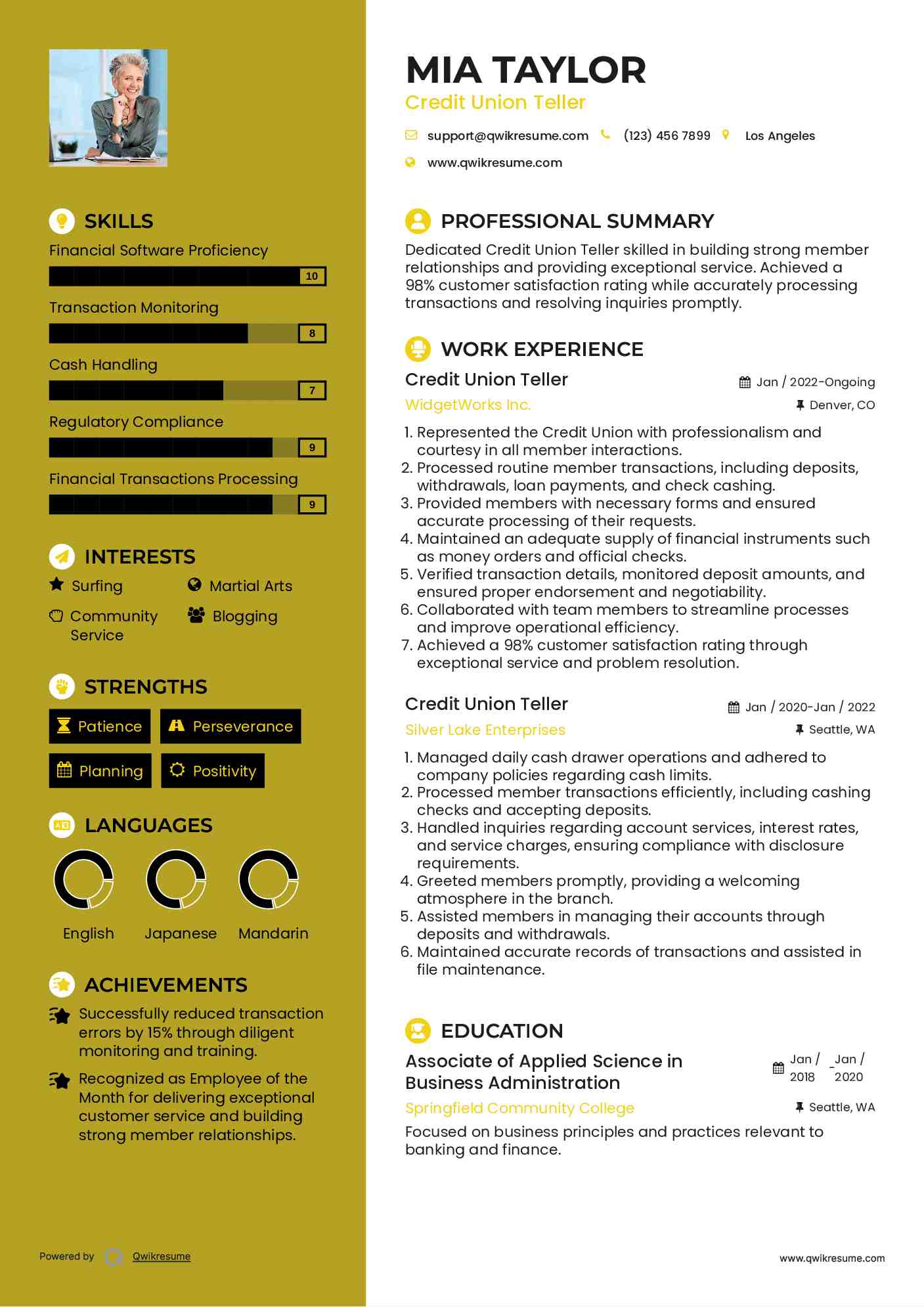 Credit Union Teller Resume Model