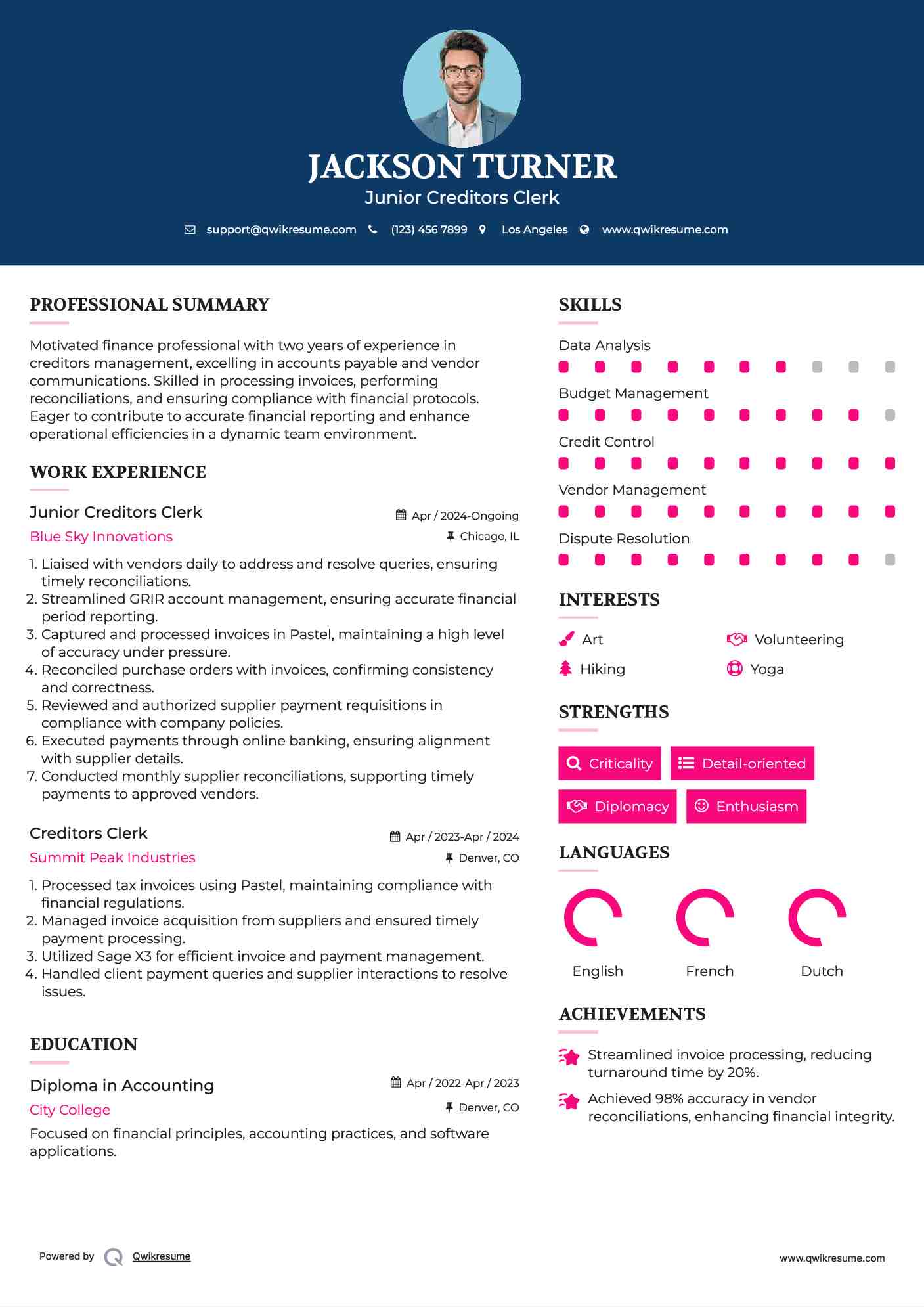 Junior Creditors Clerk Resume Sample