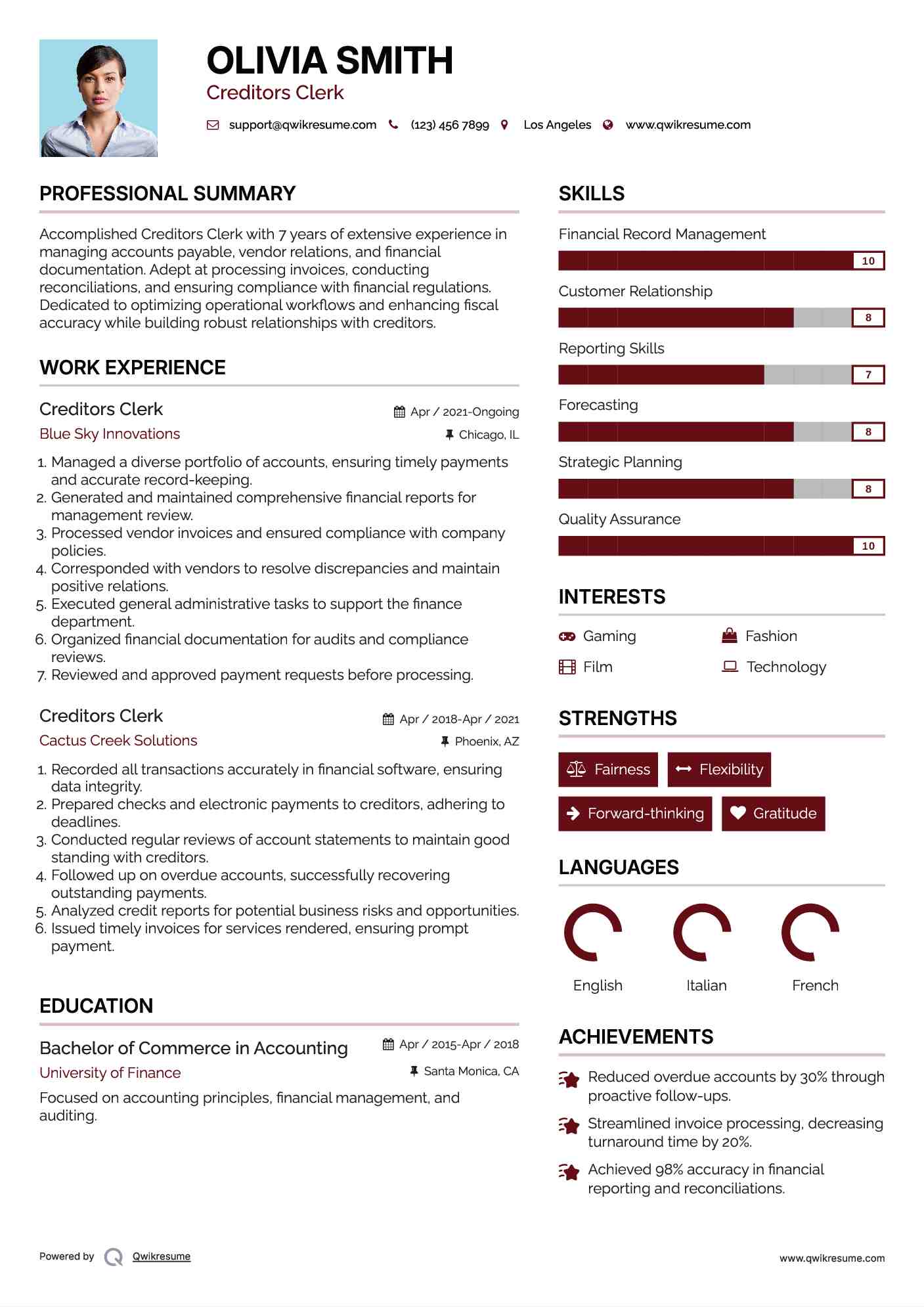 Creditors Clerk Resume Sample