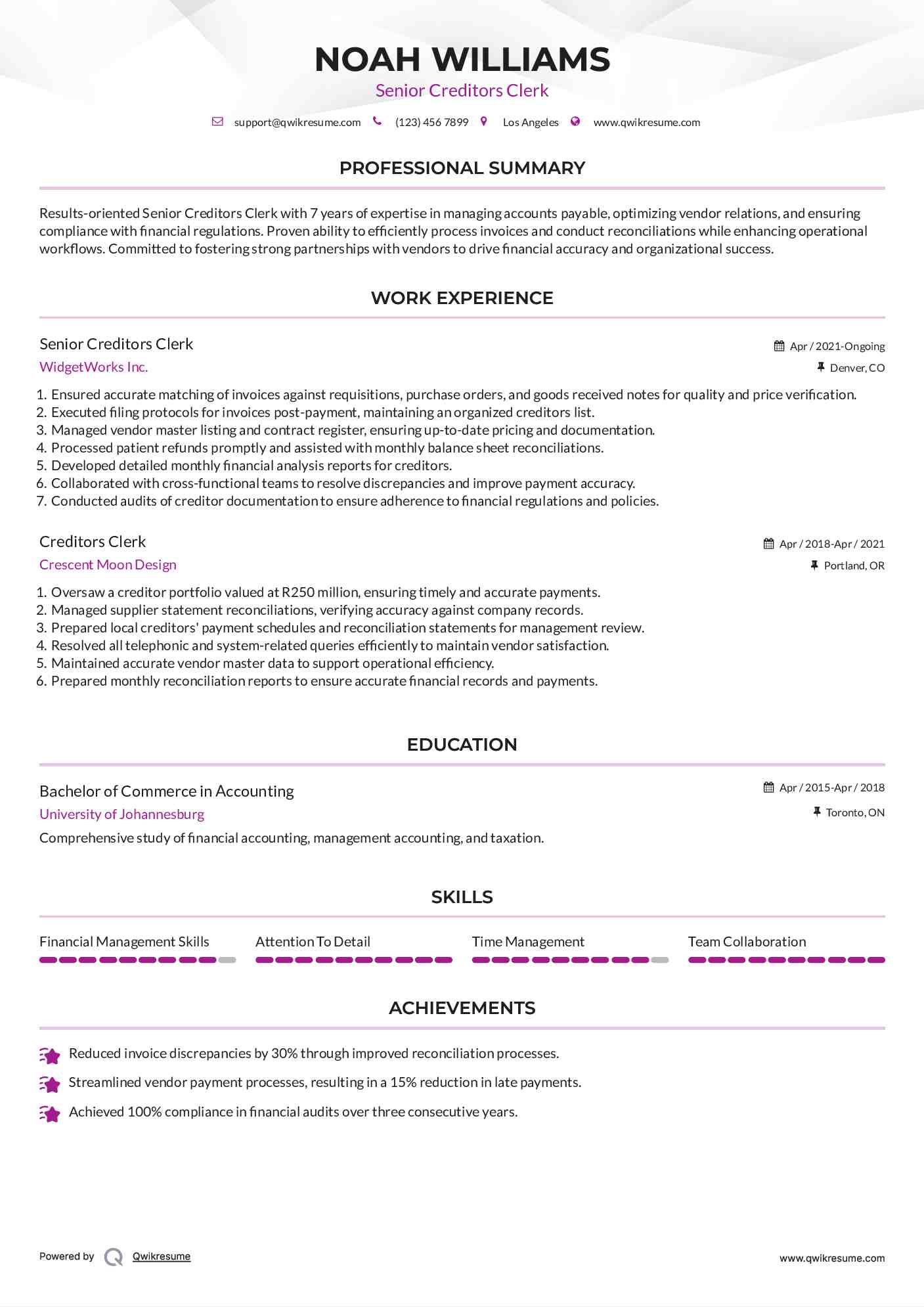 Senior Creditors Clerk Resume Format