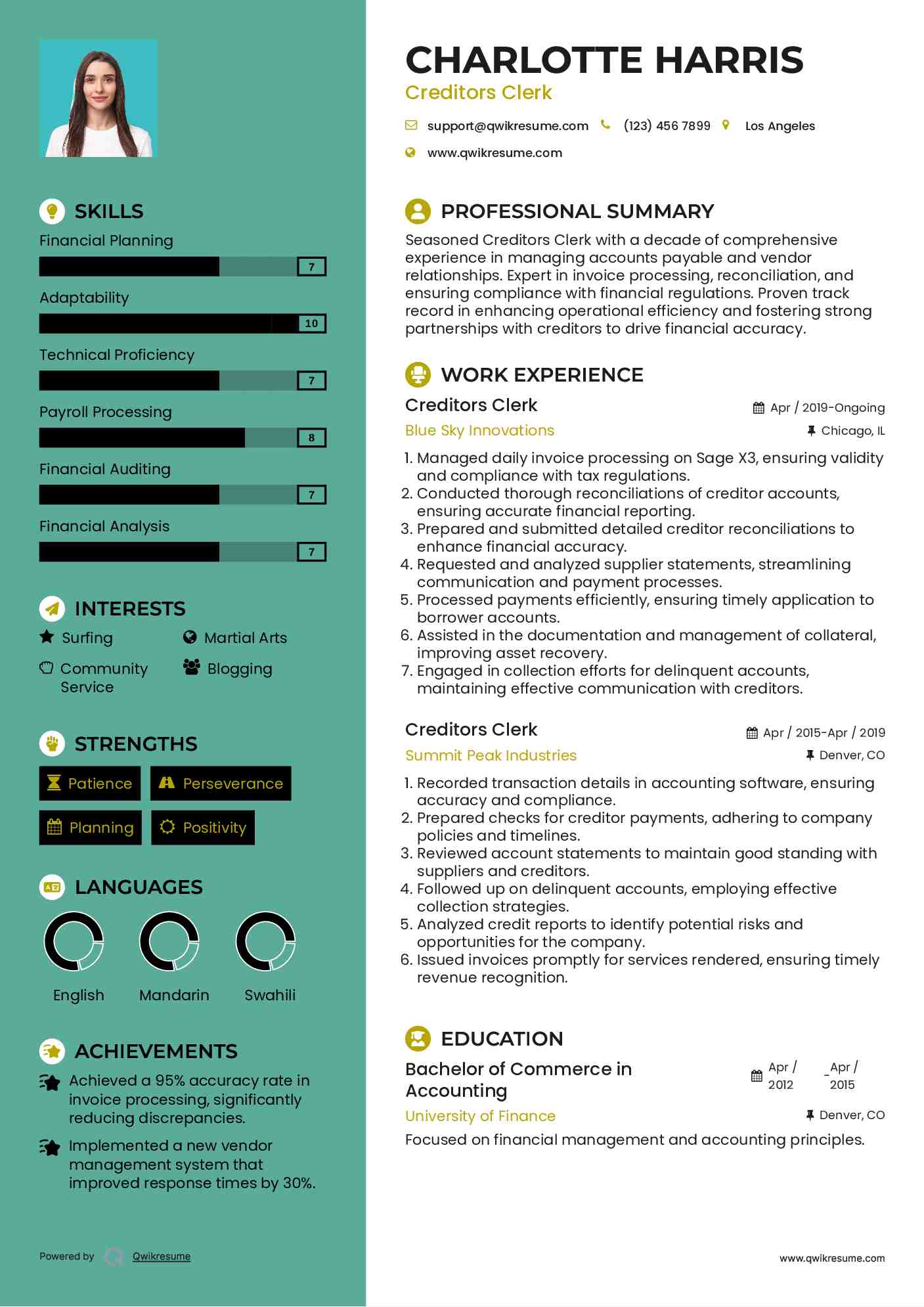 Creditors Clerk Resume Sample