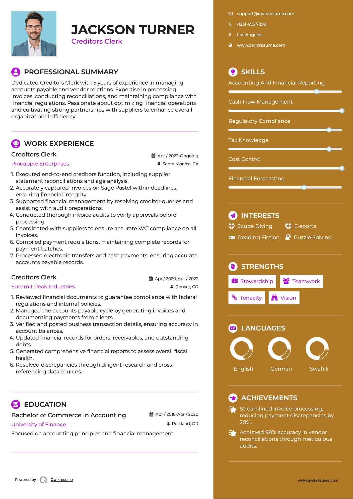 Creditors Clerk Resume Sample