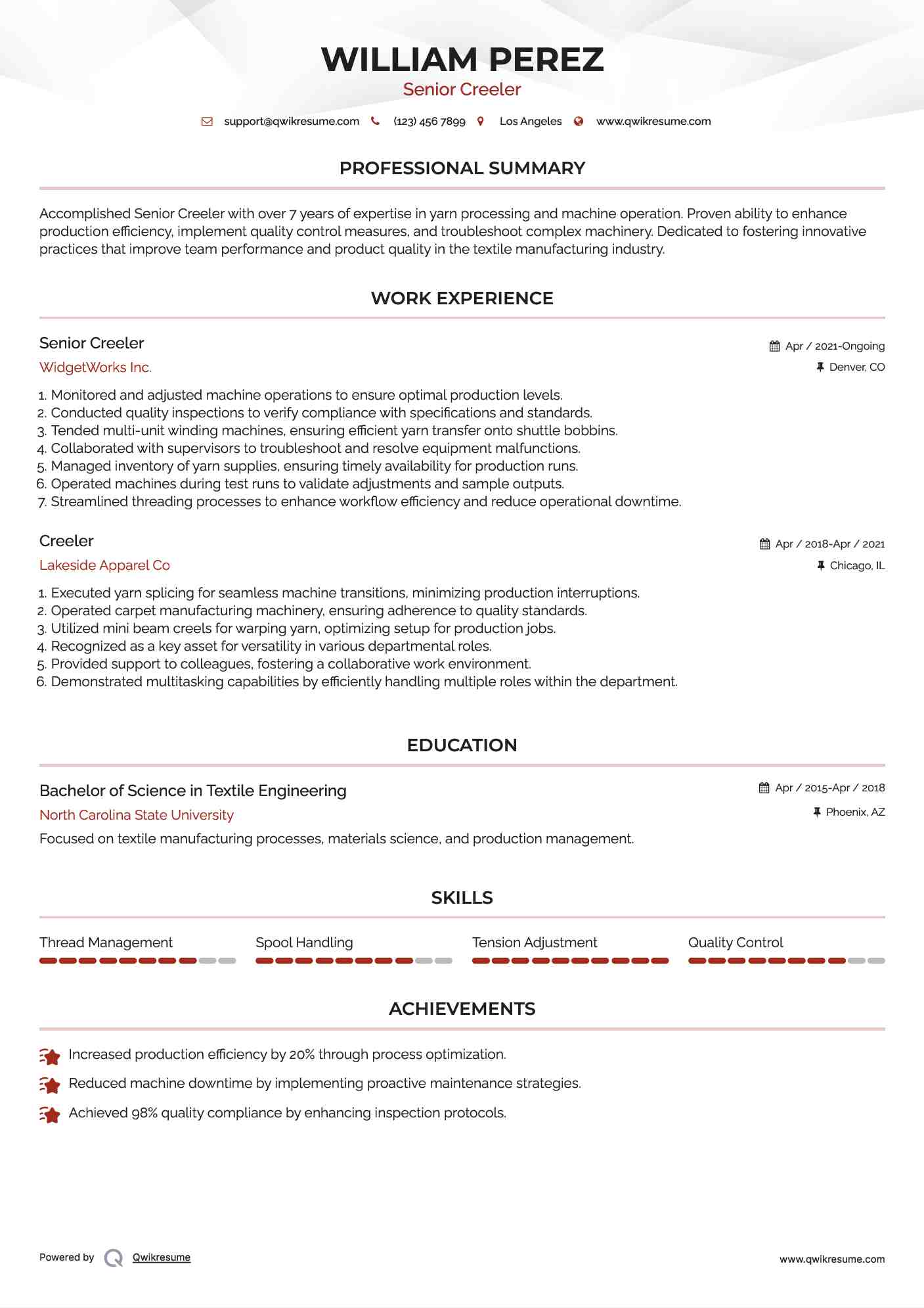 Senior Creeler Resume Format