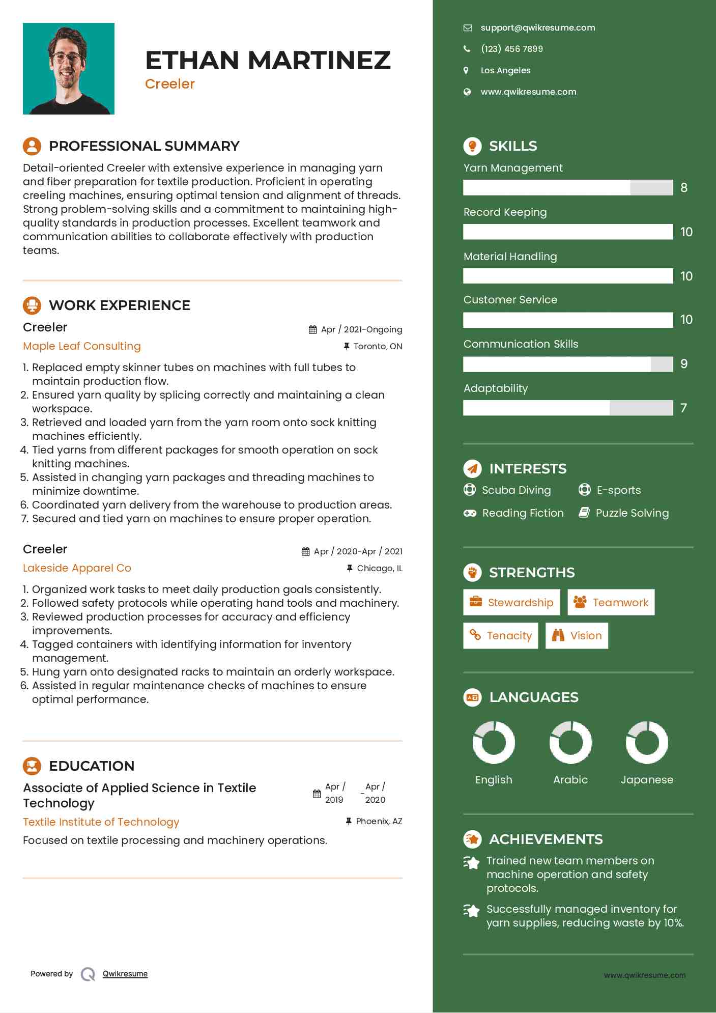 Creeler Resume Example