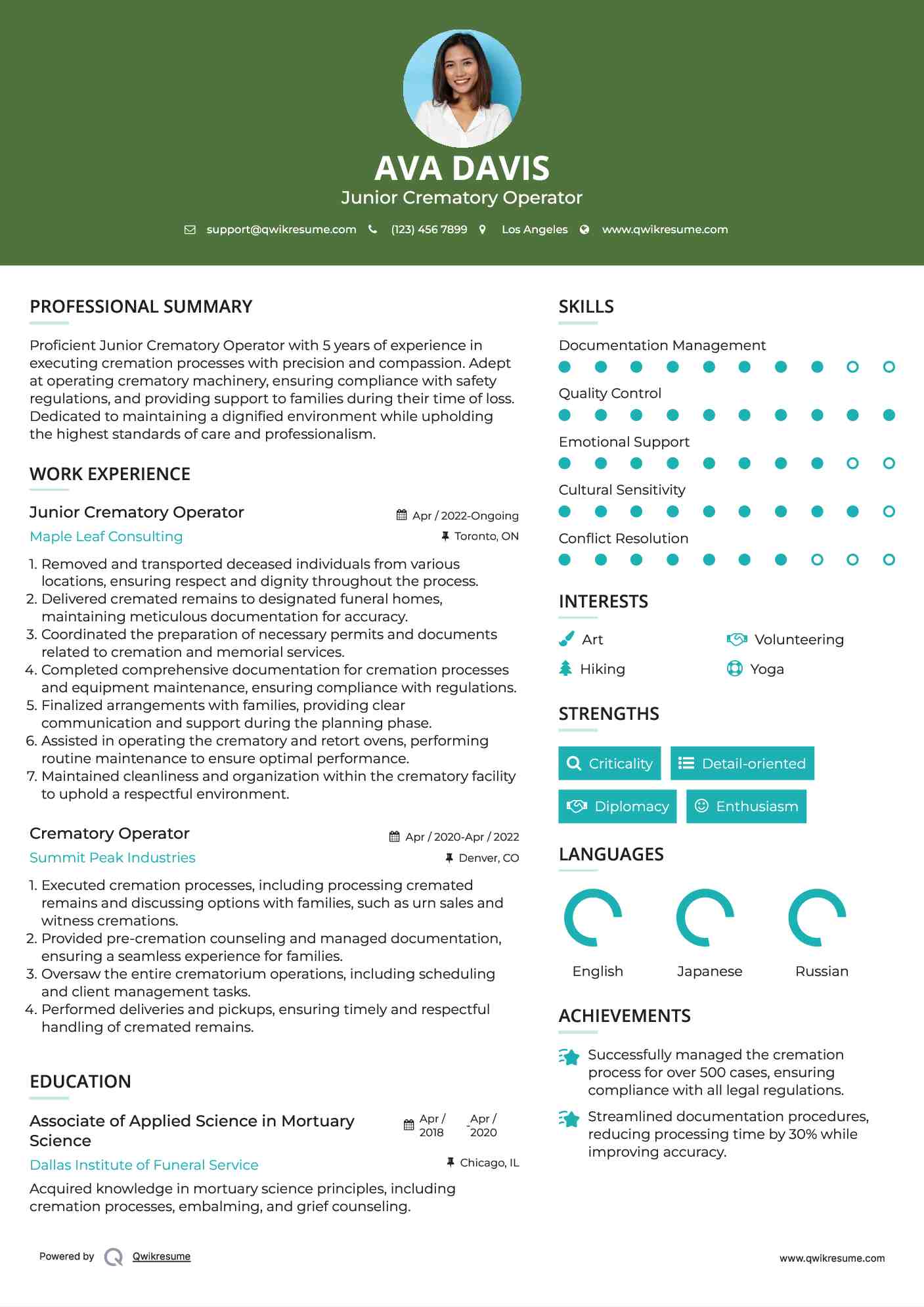 Junior Crematory Operator Resume Model