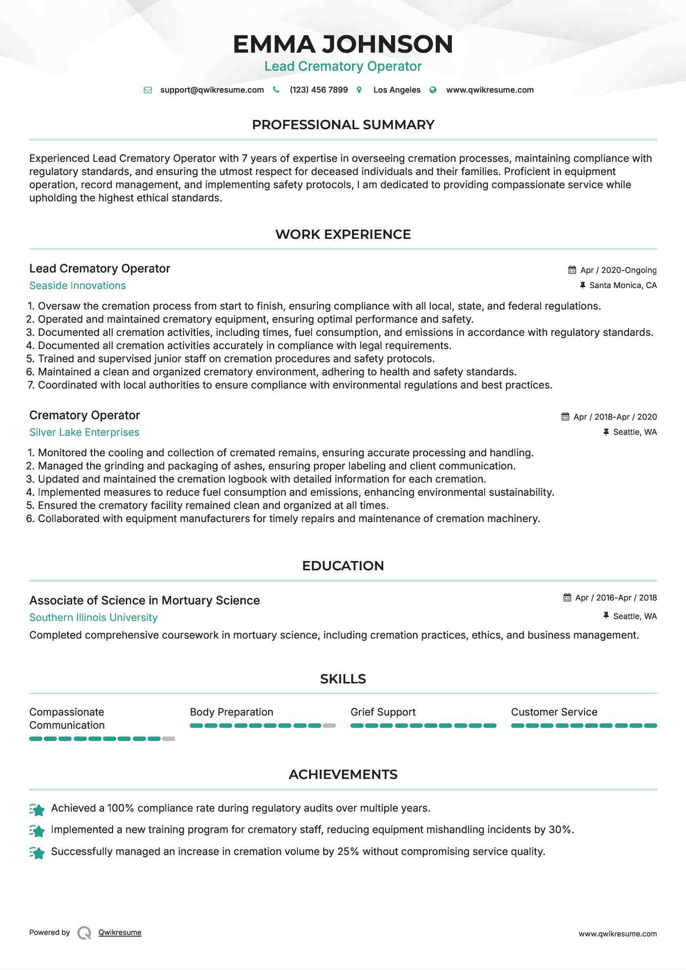 Lead Crematory Operator Resume Sample