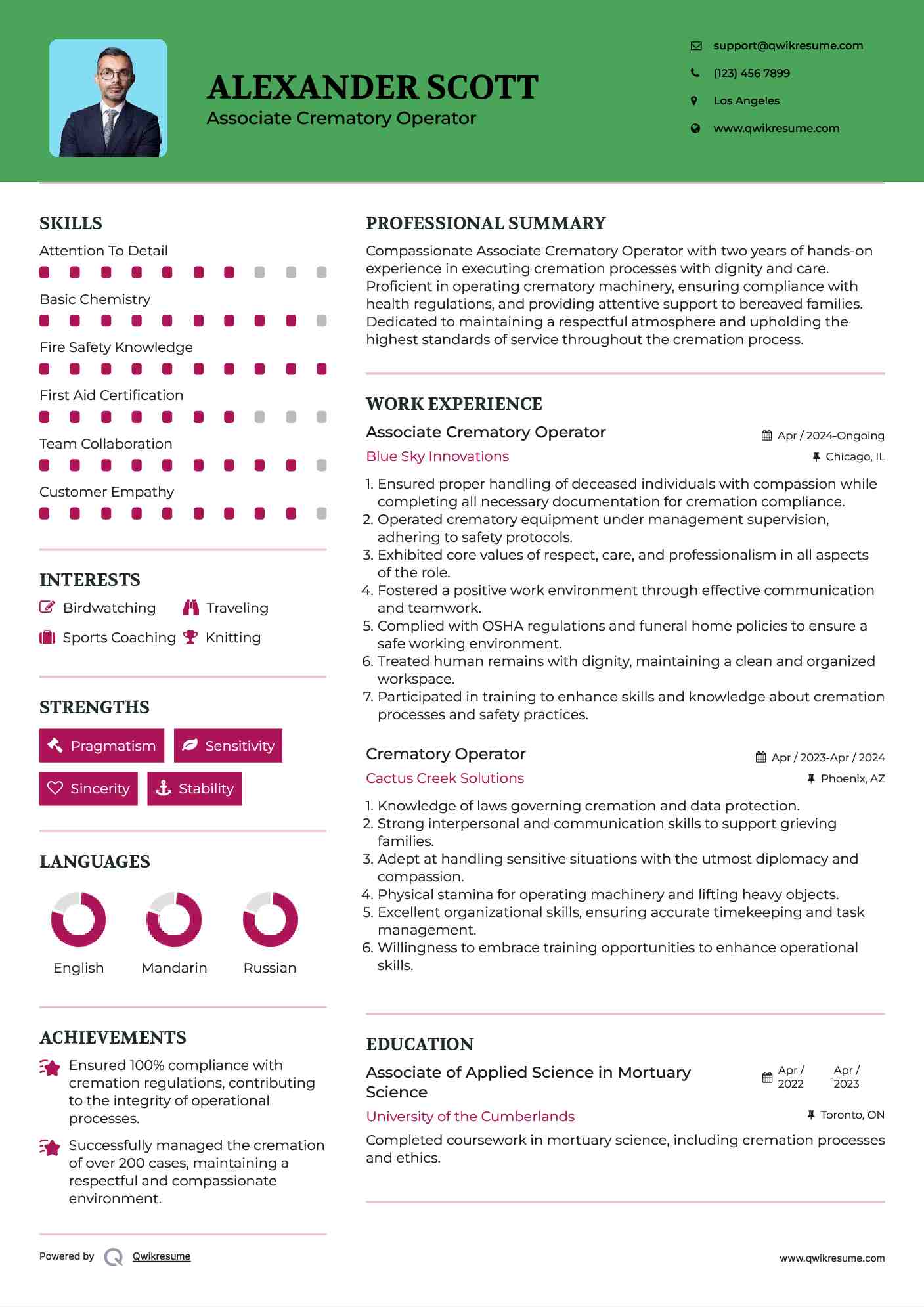 Associate Crematory Operator Resume Model