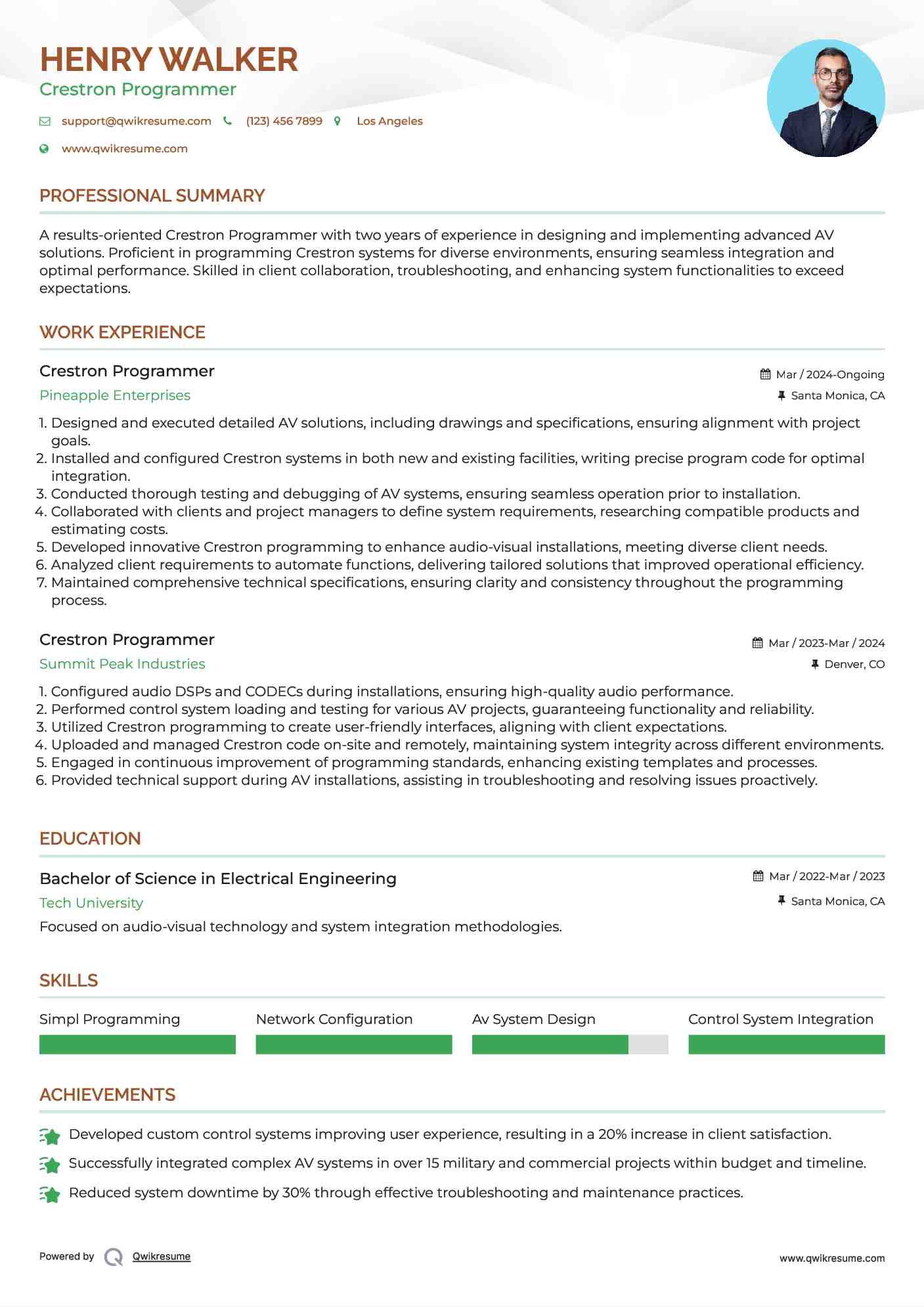 Crestron Programmer Resume Example