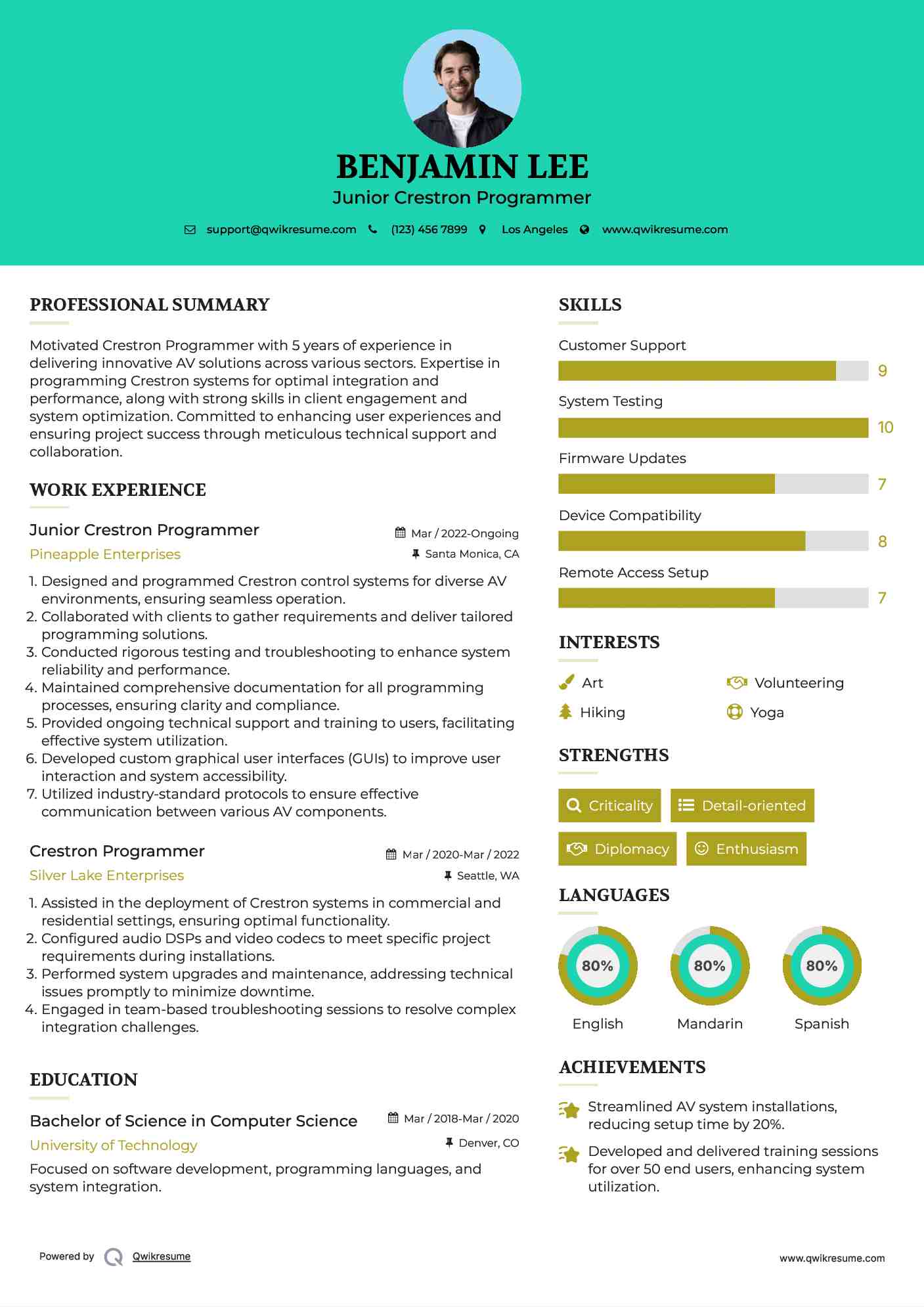 Junior Crestron Programmer Resume Model