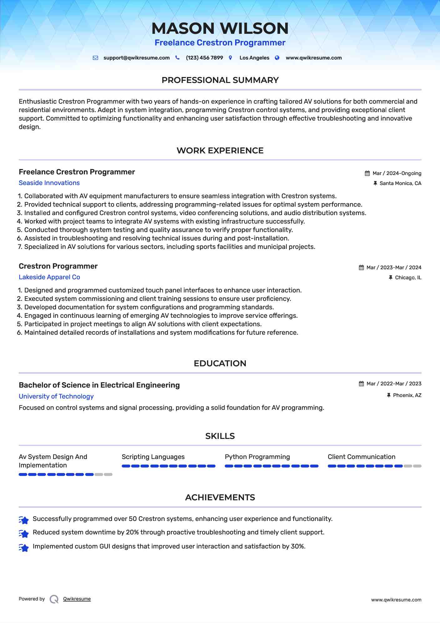 Freelance Crestron Programmer Resume Sample
