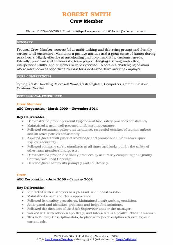 Crew Resume Samples QwikResume