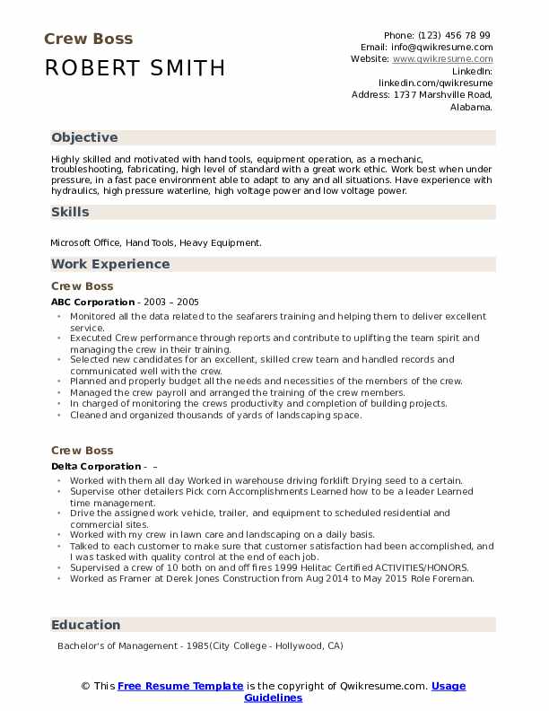 Crew Boss Resume Samples QwikResume