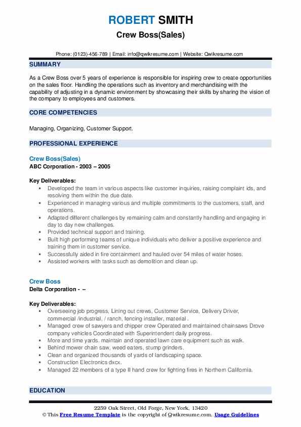 Crew Boss Resume Samples QwikResume