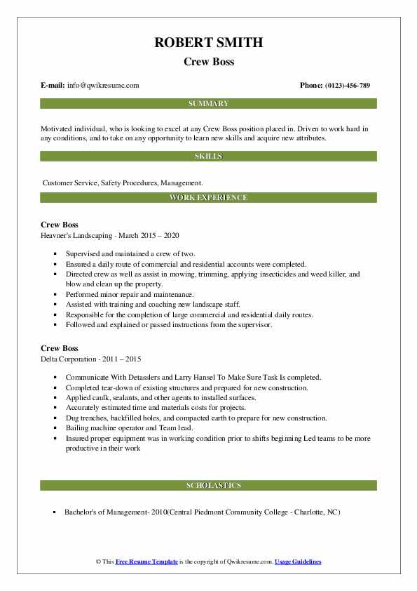 Crew Boss Resume Samples QwikResume