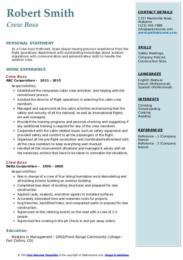 Crew Boss Resume Samples QwikResume