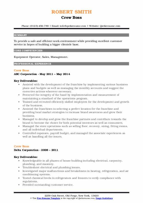 Crew Boss Resume Samples QwikResume