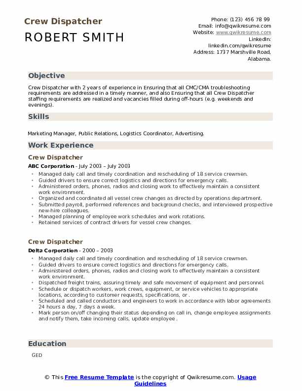 Crew Dispatcher Resume Samples QwikResume