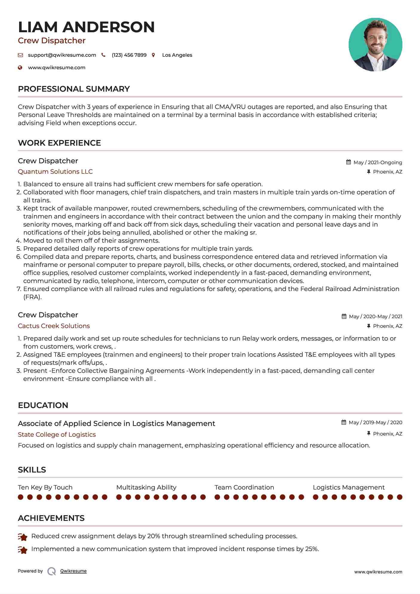 Crew Dispatcher Resume Example