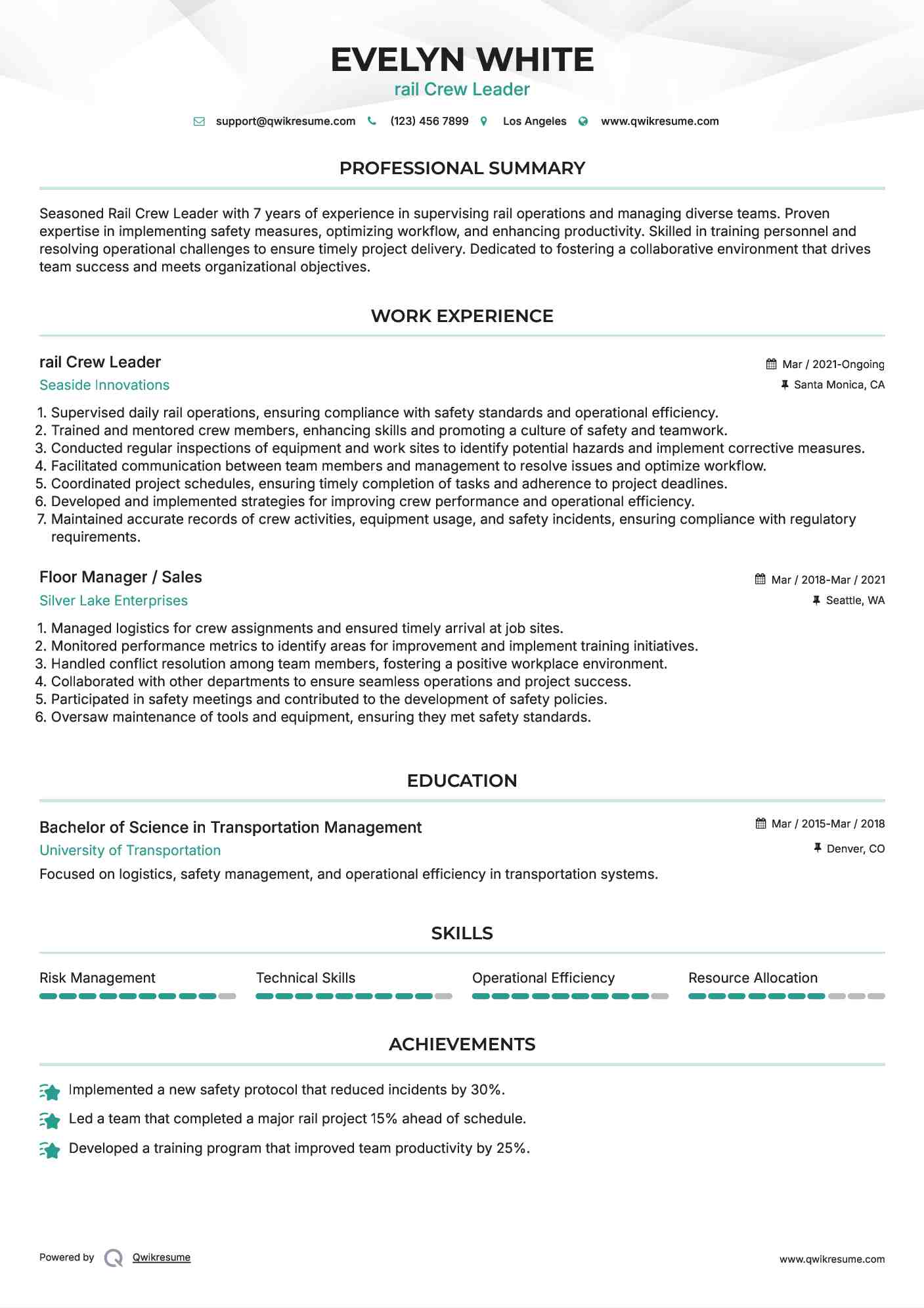 rail Crew Leader Resume Sample