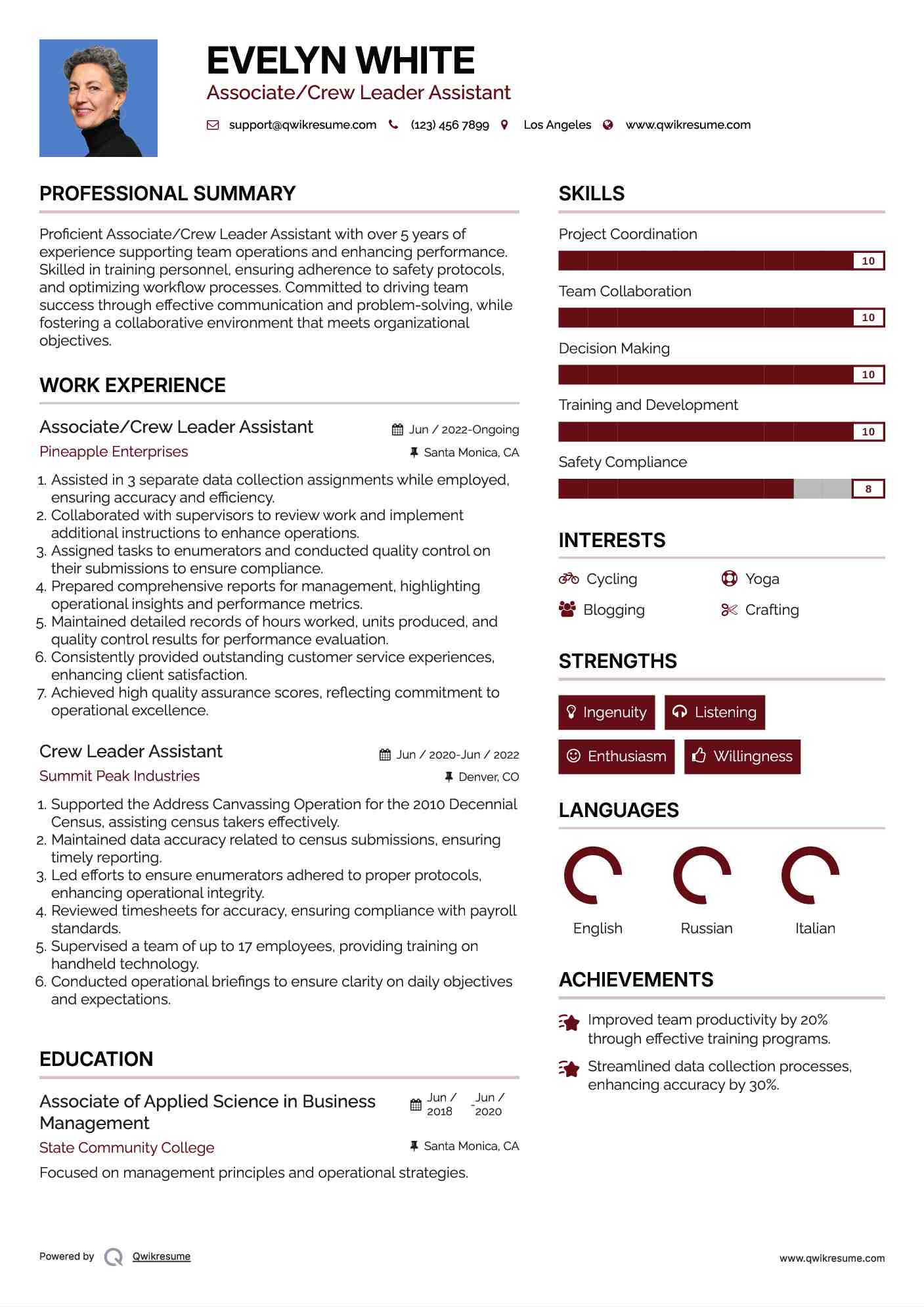 Associate/Crew Leader Assistant Resume Model