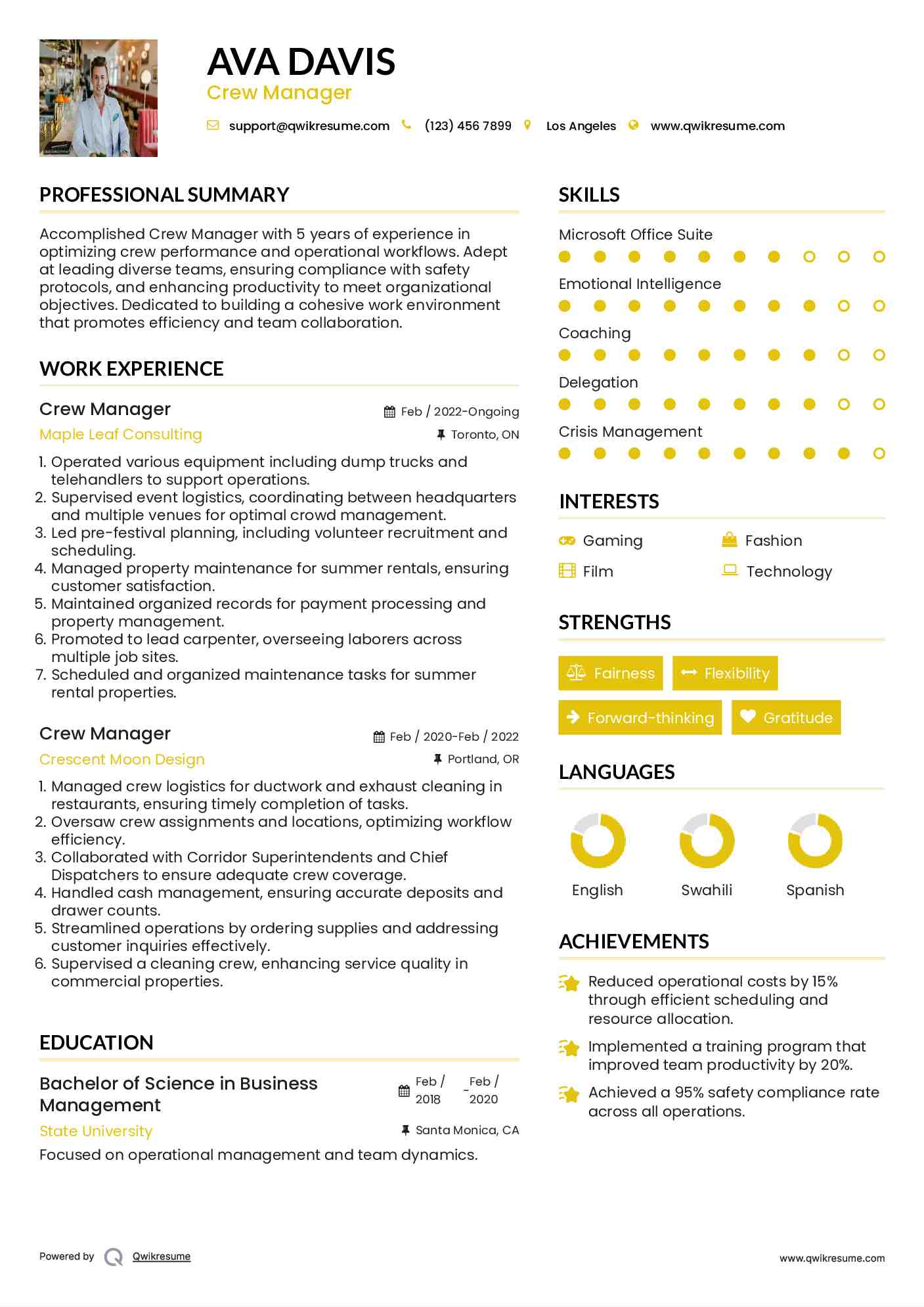 Crew Manager Resume Model