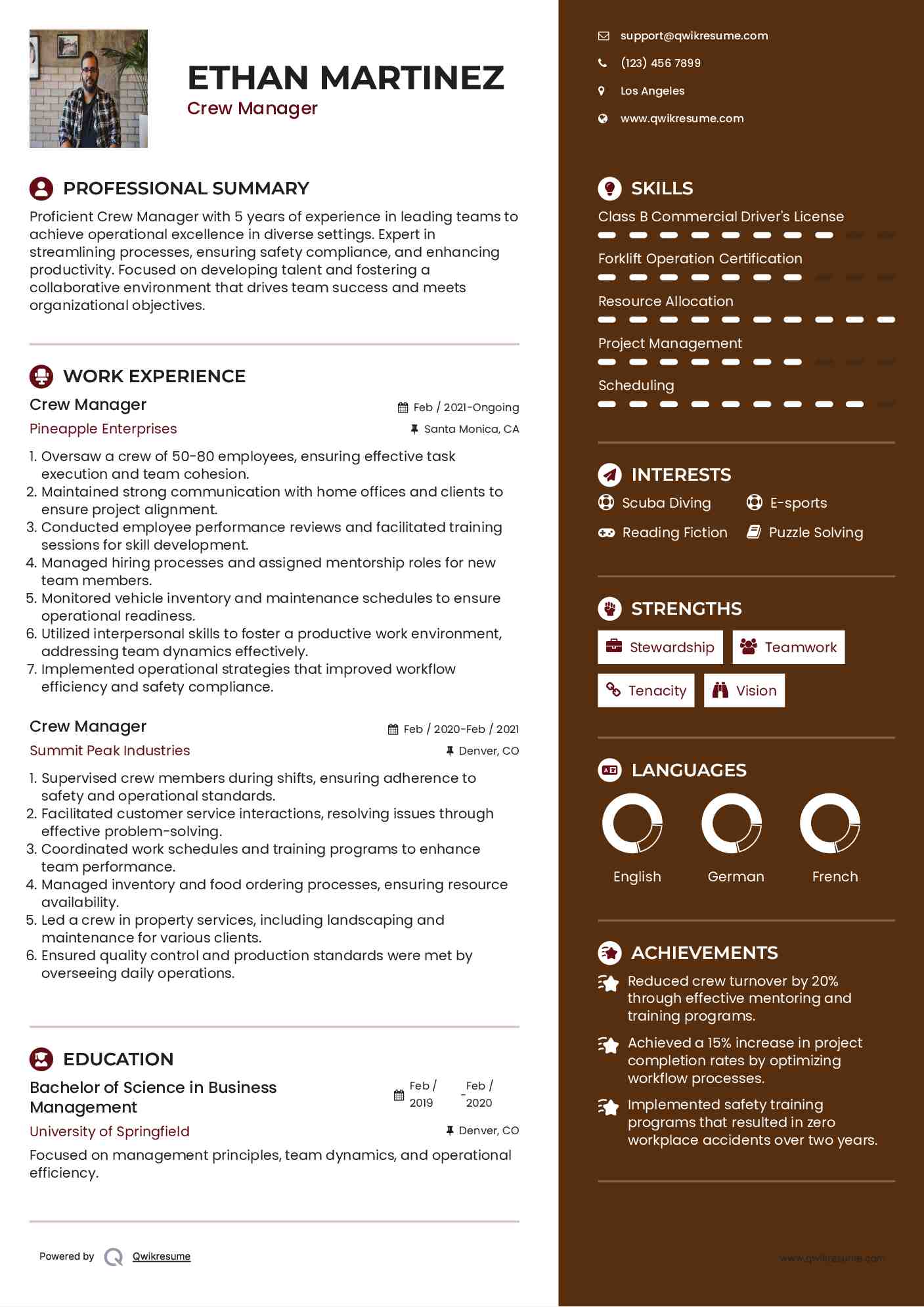 Crew Manager Resume Model