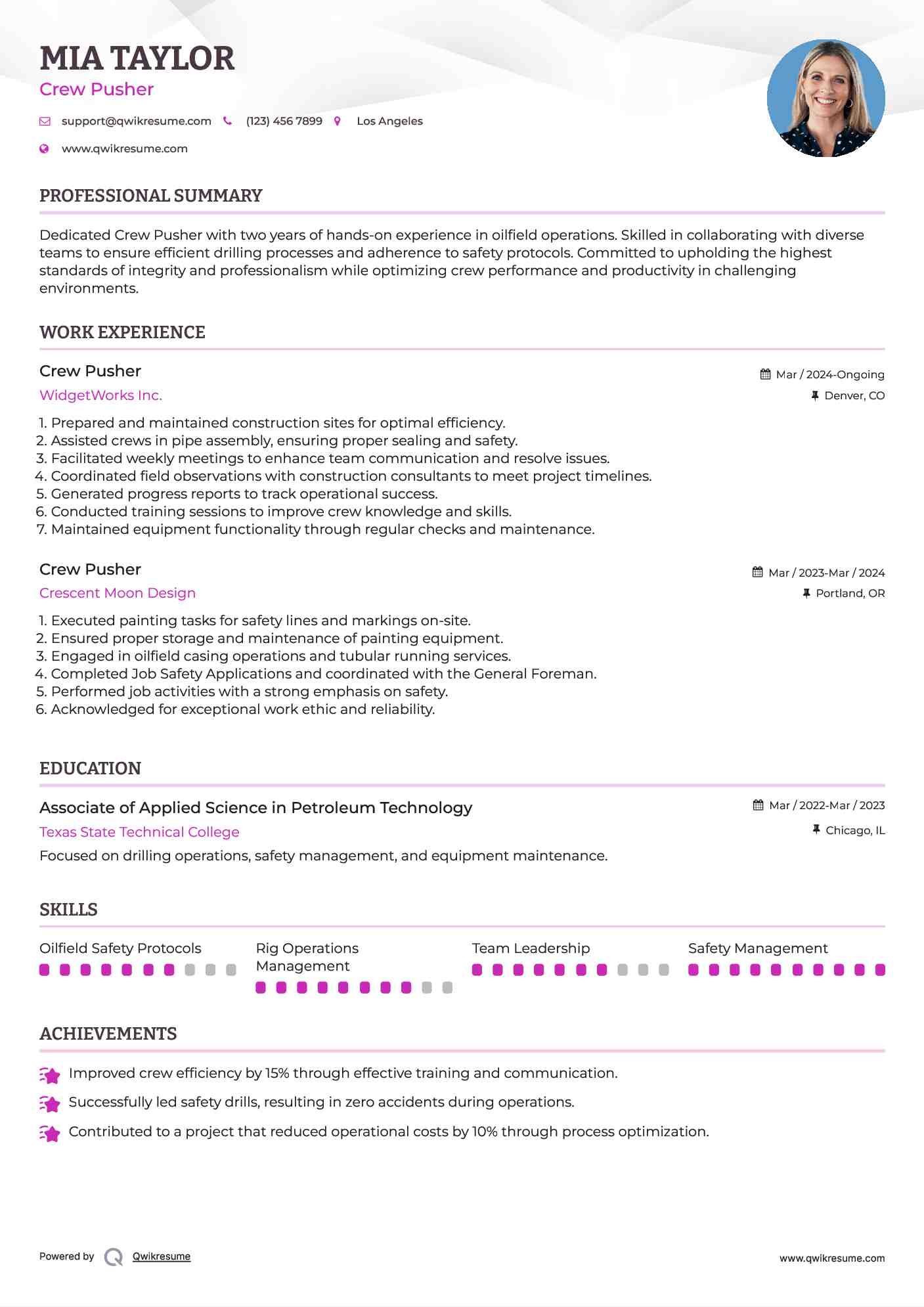Crew Pusher Resume Model