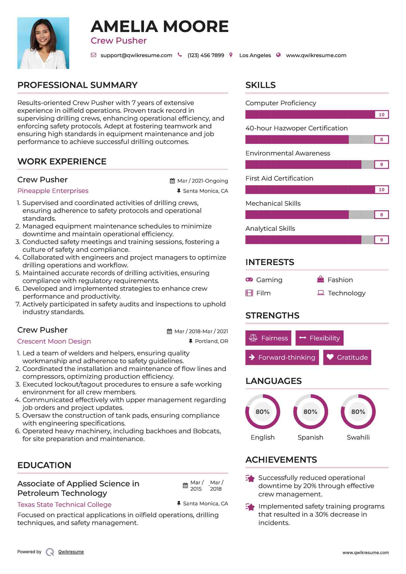 Crew Pusher Resume Sample